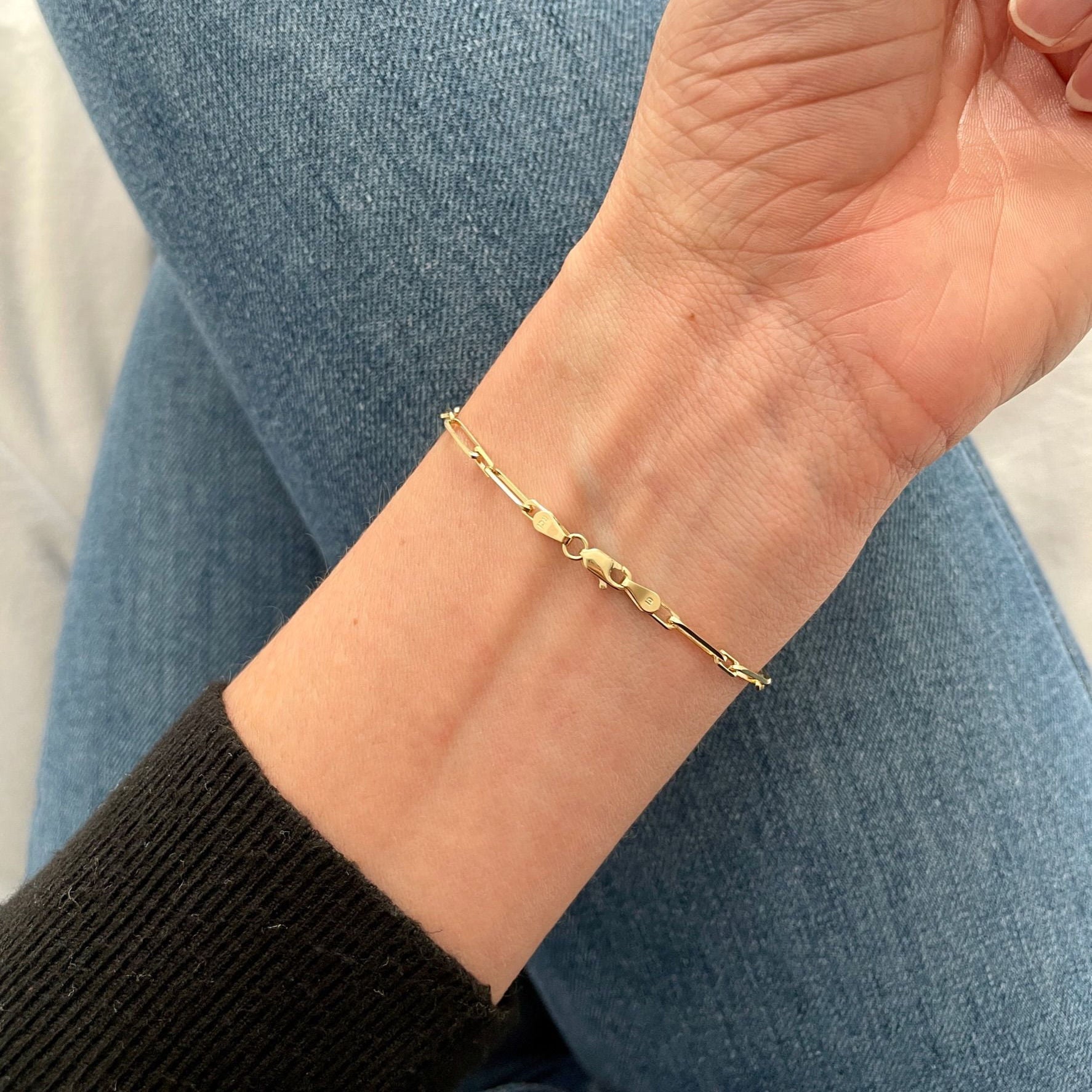 14K Solid Yellow Gold Mixed Paperclip Link Bracelet