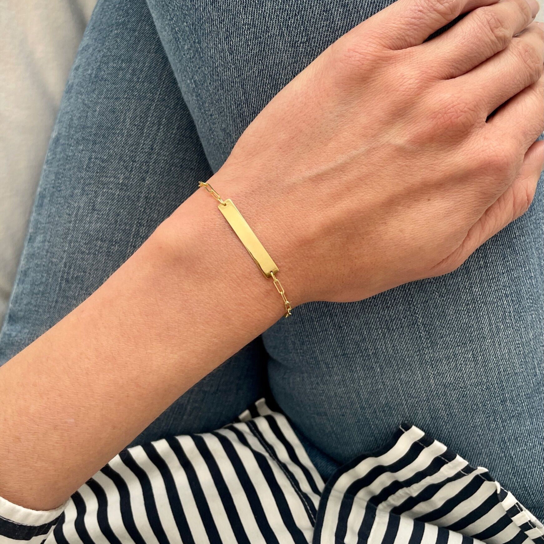 14K Gold Paperclip ID Bar Bracelet