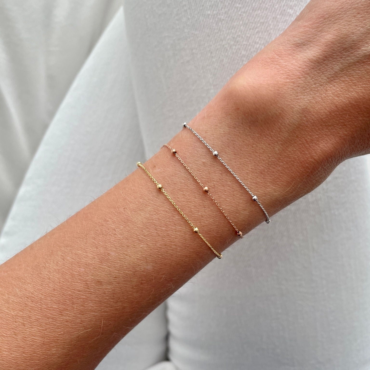 14K Gold Dainty Bead Station Bracelet