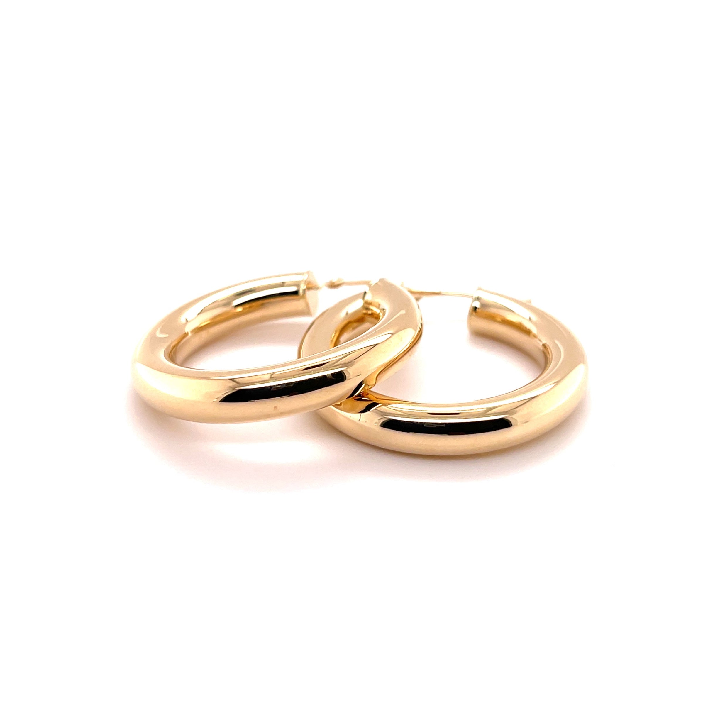 14K Yellow Gold Classic Polished Hoop Earrings — 5mm Thick, Sizes 30mm / 40mm