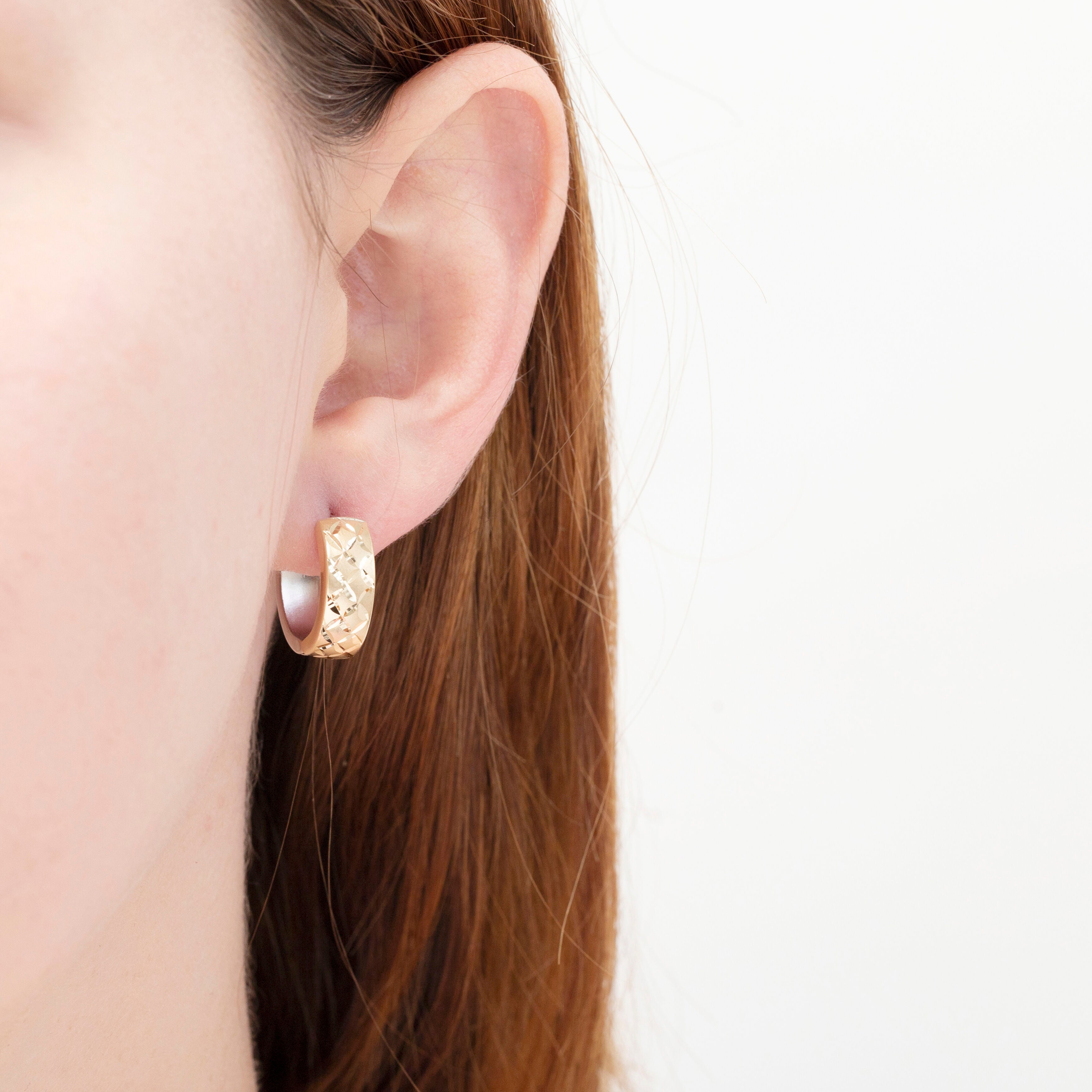 14K Two Tone Gold X Pattern Huggie Hoop Earrings: Reverisble