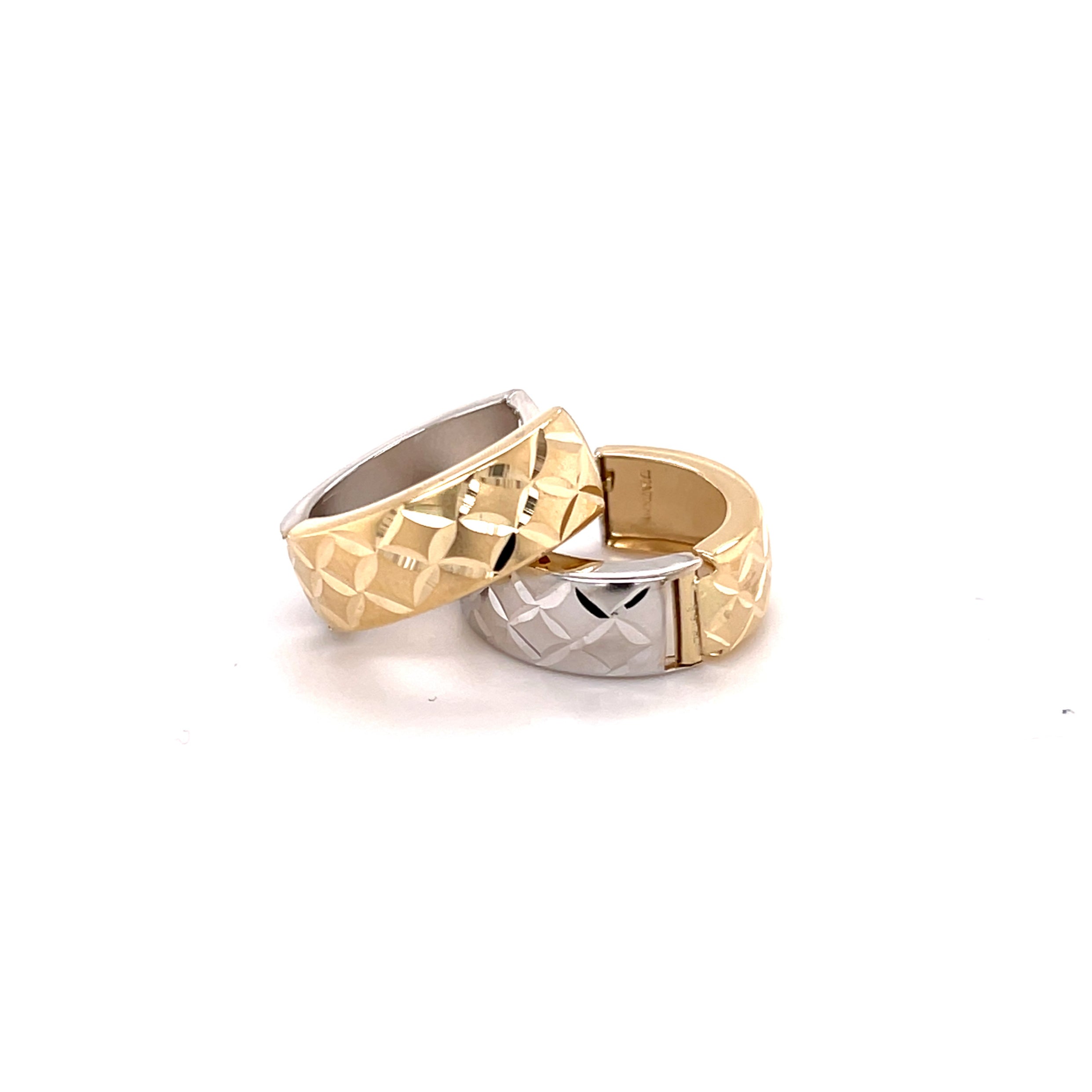 14K Two Tone Gold Reversible X Pattern Huggie Hoops