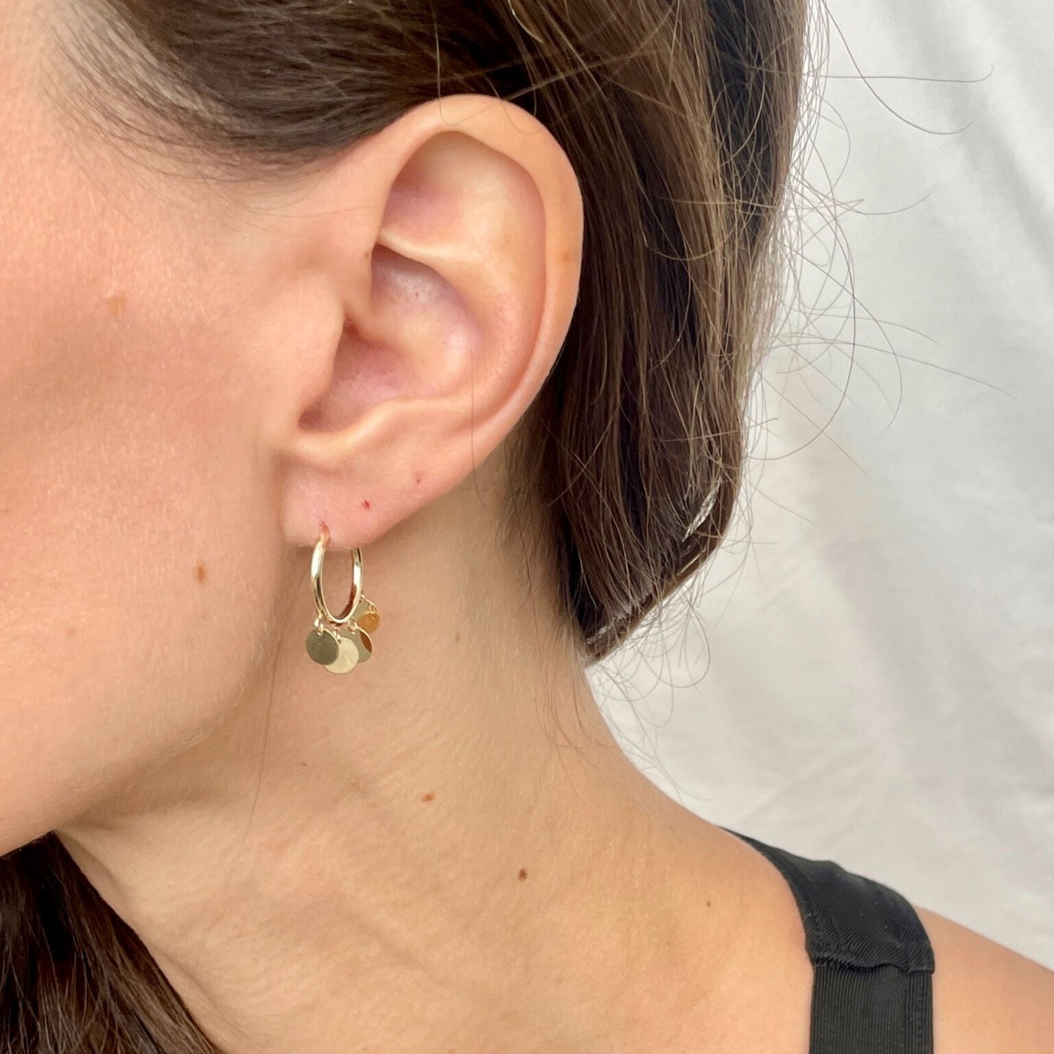 14K Yellow Gold Small Dangling Disc Charm Hoops