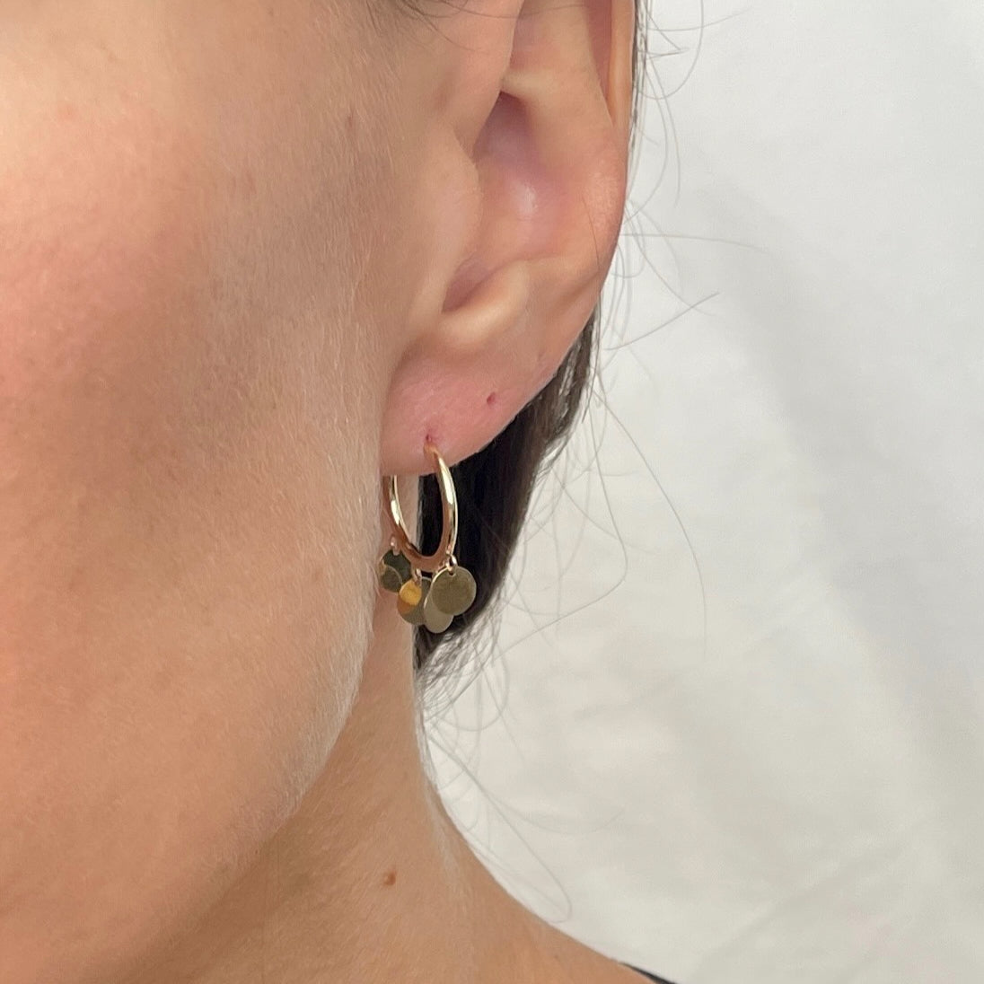 14K Yellow Gold Small Dangling Disc Charm Hoops
