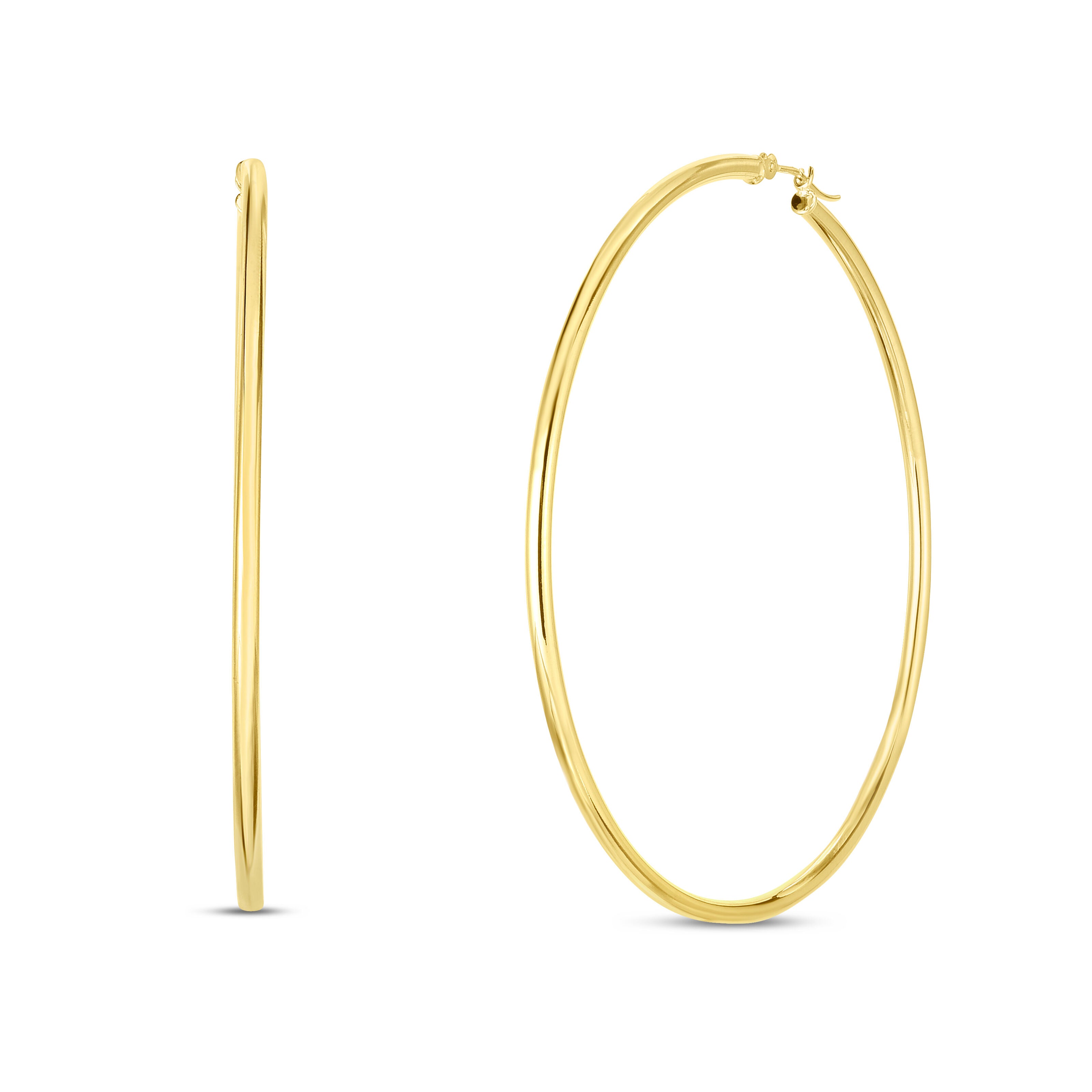 14K yellow gold thin large hoop earrings measuring 60mm in diameter and 2mm thick. Polished finish and secure latch back closure.