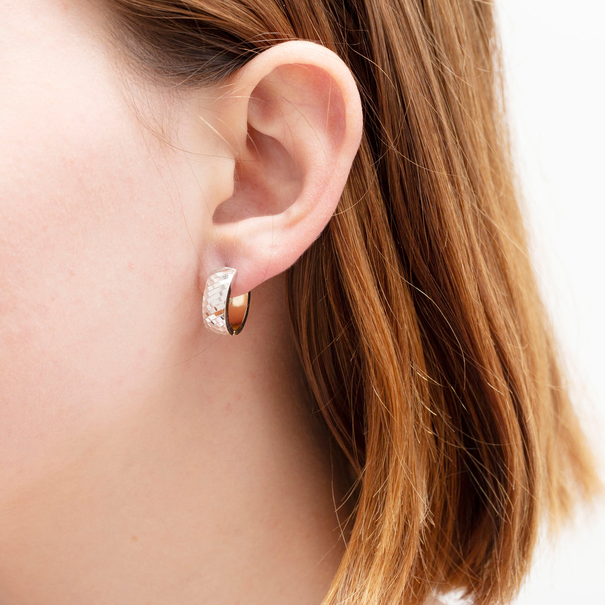 14K Two Tone Gold Faceted Huggie Hoop Earrings, 15mm