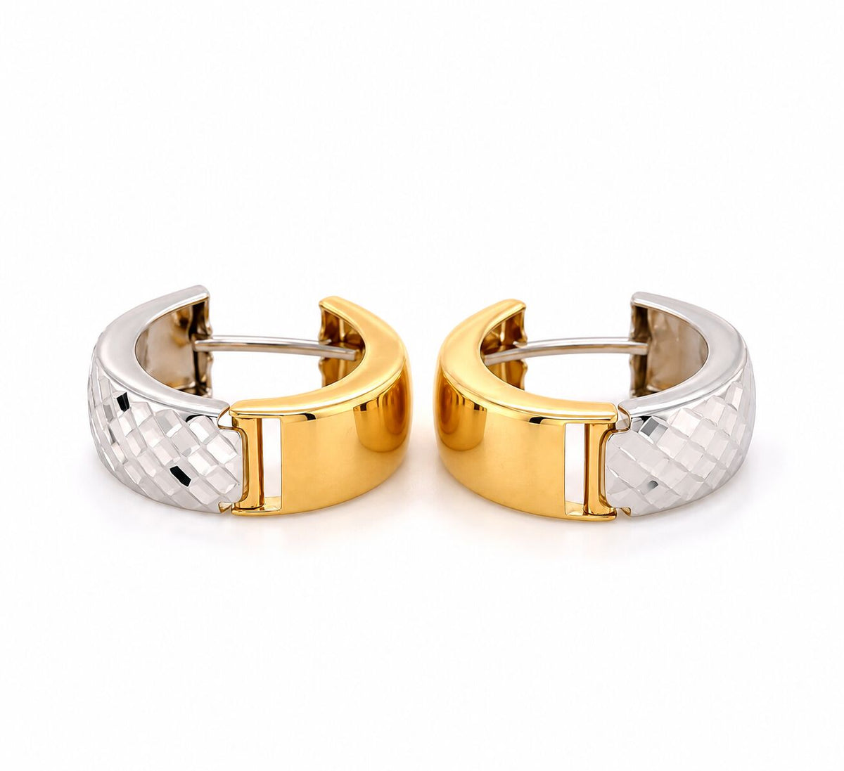 14K Two Tone Gold Faceted Huggie Hoop Earrings, 15mm
