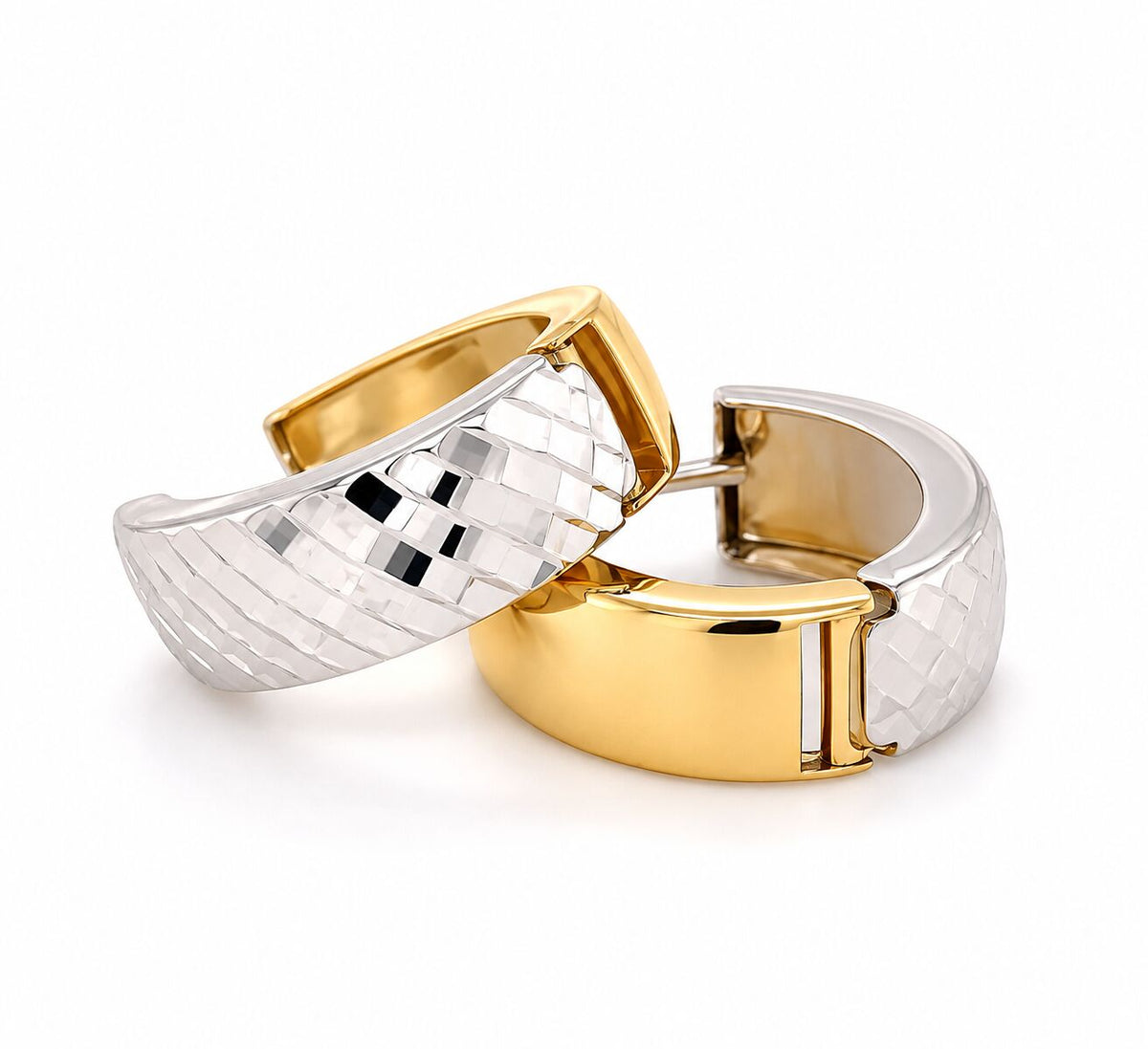 14K Two Tone Gold Faceted Huggie Hoop Earrings, 15mm