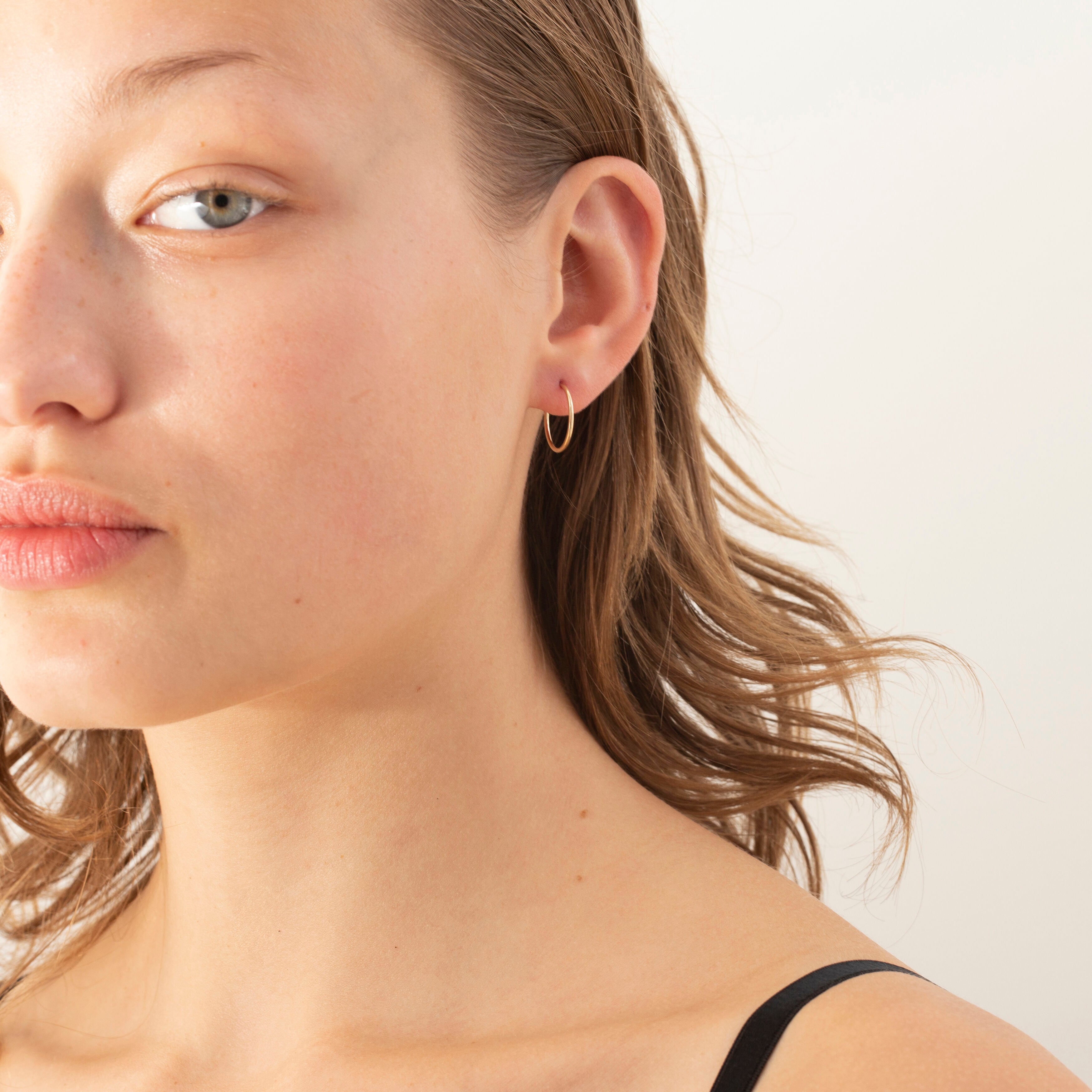 14K Yellow Gold Thin Endless Hoops, 13.5mm x 1mm