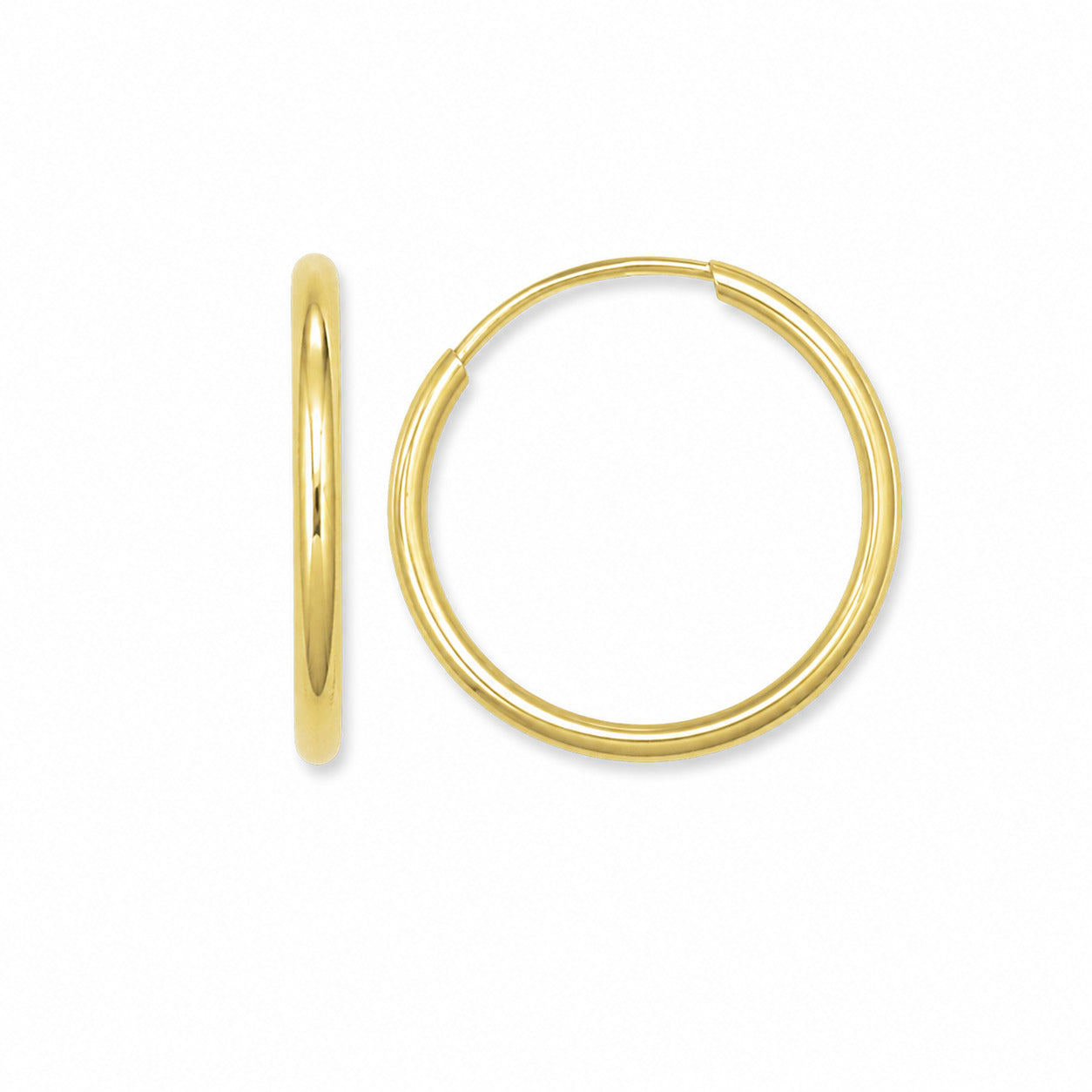 14K Yellow Gold Thin Endless Hoops, 13.5mm x 1mm