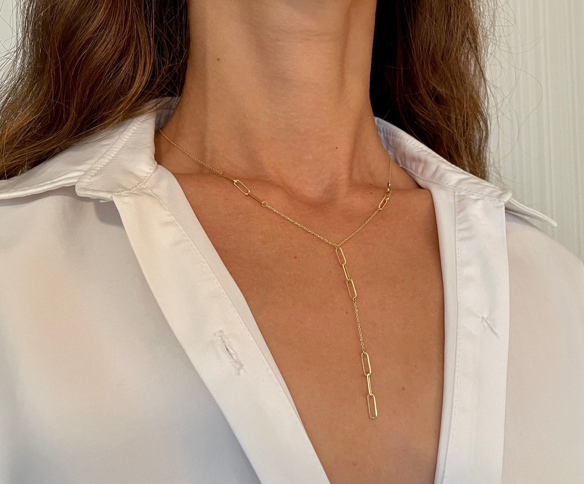 14K Gold Paperclip Lariat Necklace