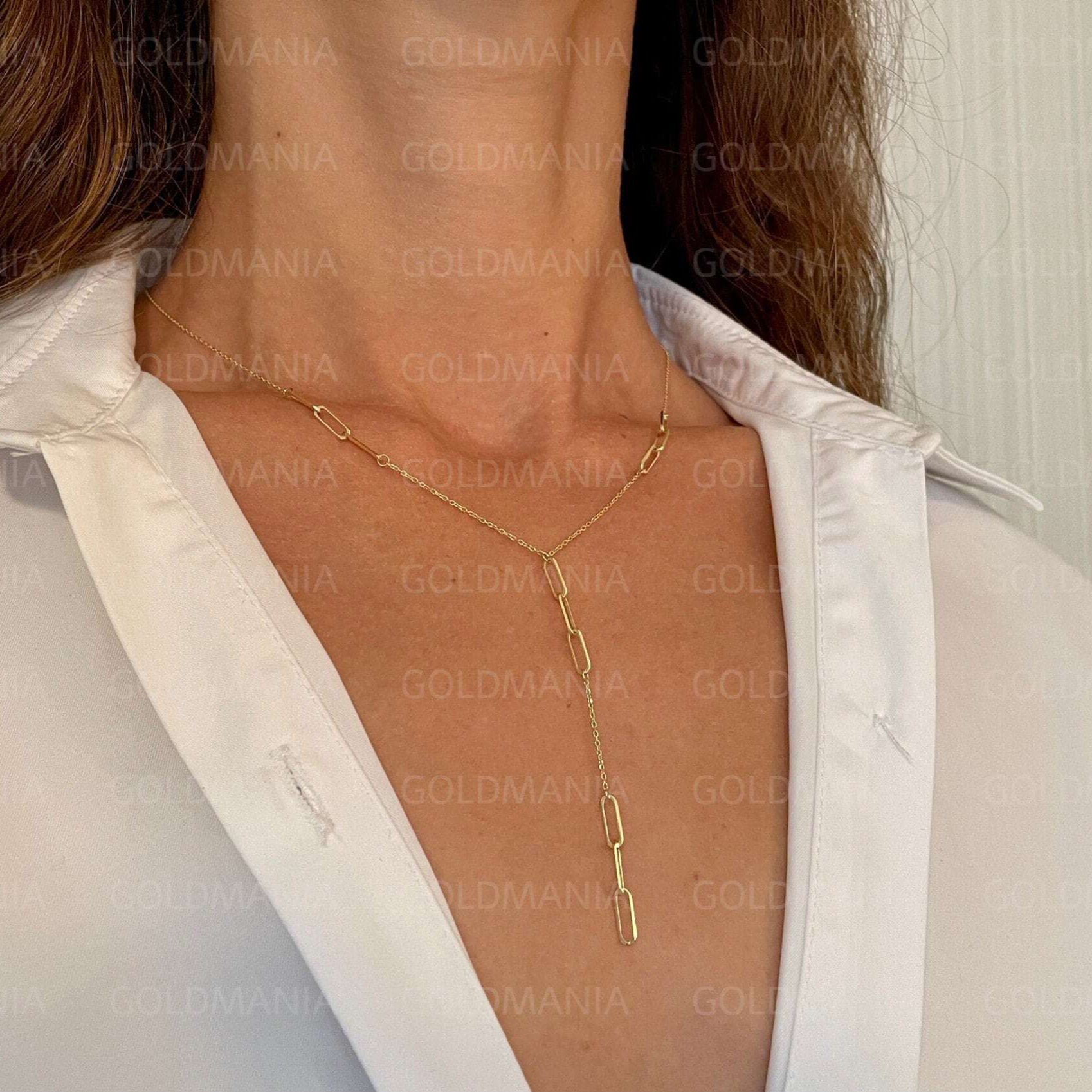 14K Gold Paperclip Lariat Necklace