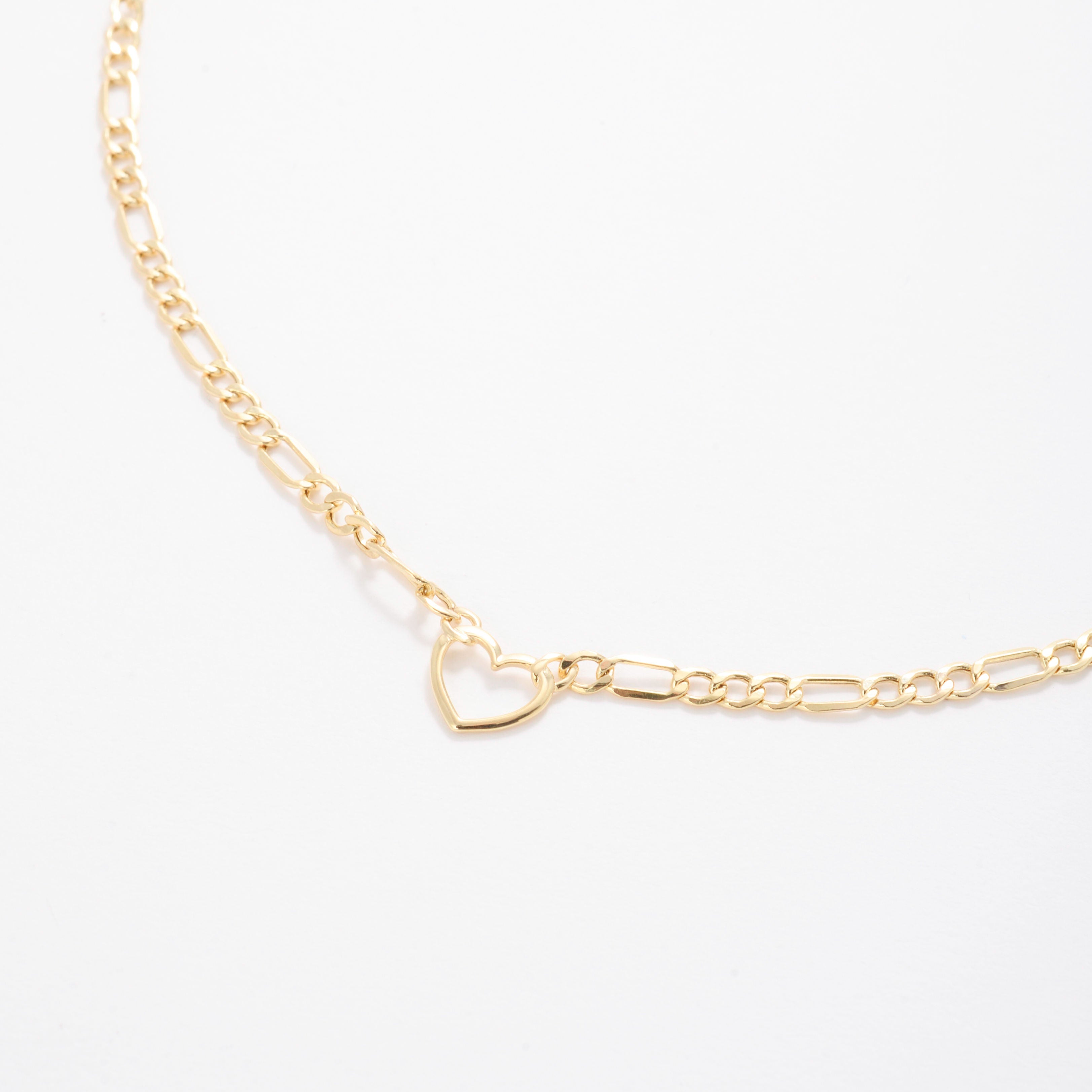 14K Yellow Gold Figaro Heart Chain Necklace