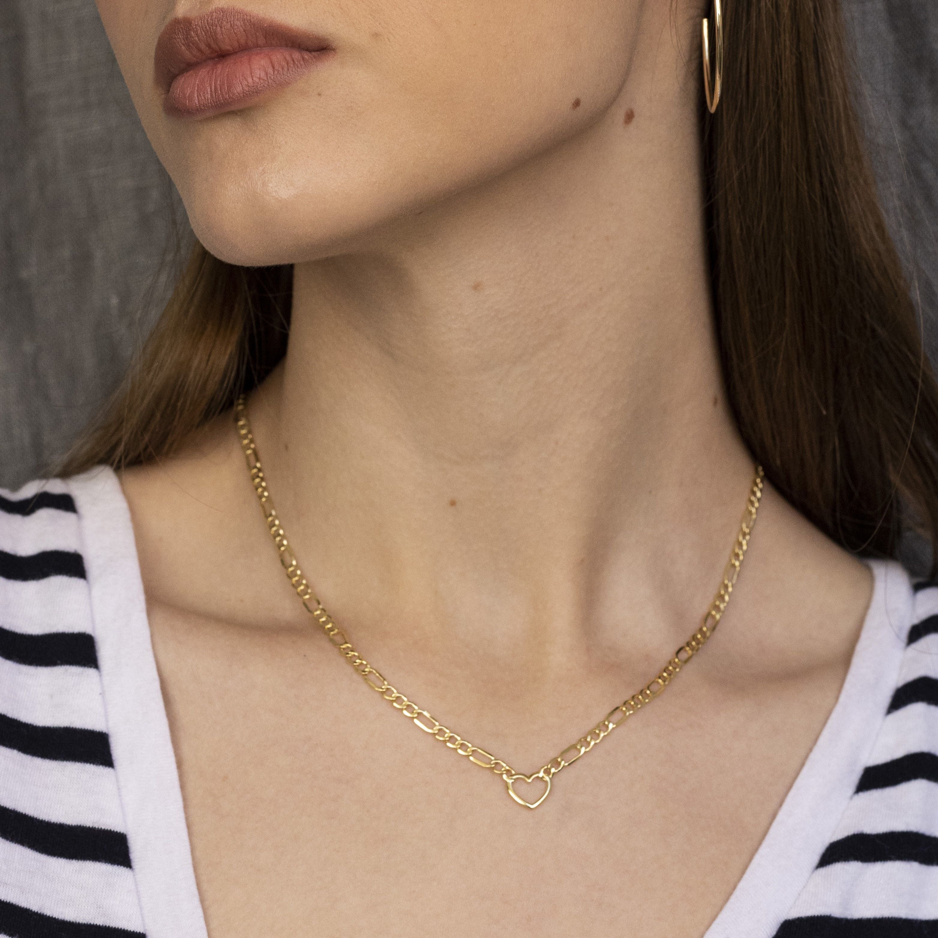 14K Yellow Gold Figaro Heart Chain Necklace