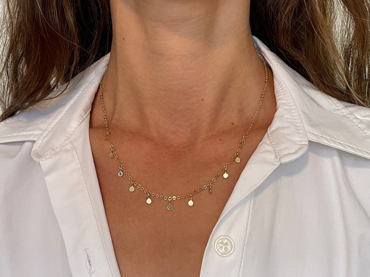 14K Yellow Gold Boho Dangle Disc Choker Necklace, 14-16" Adjustable