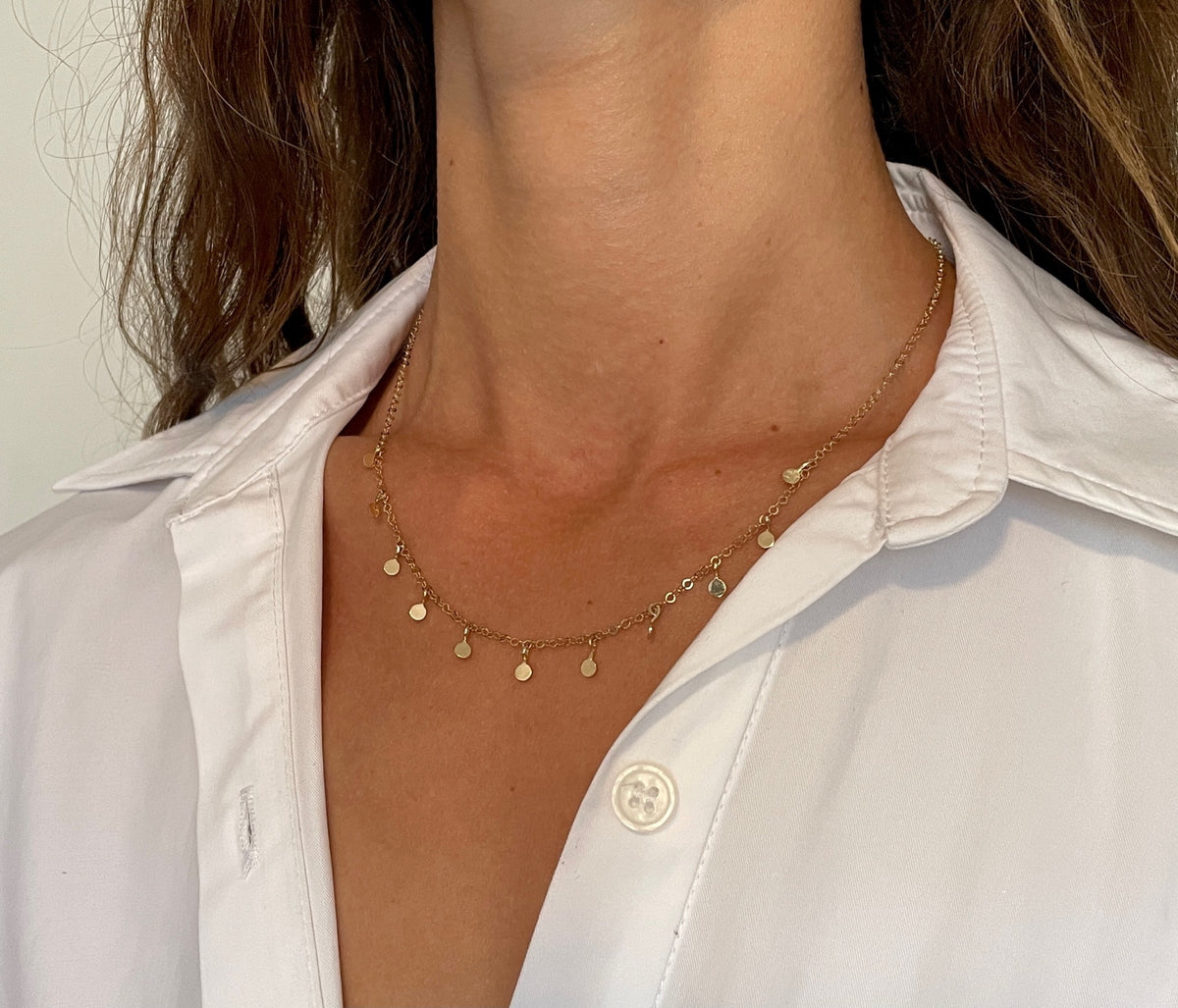 14K Yellow Gold Boho Dangle Disc Choker Necklace, 14-16" Adjustable