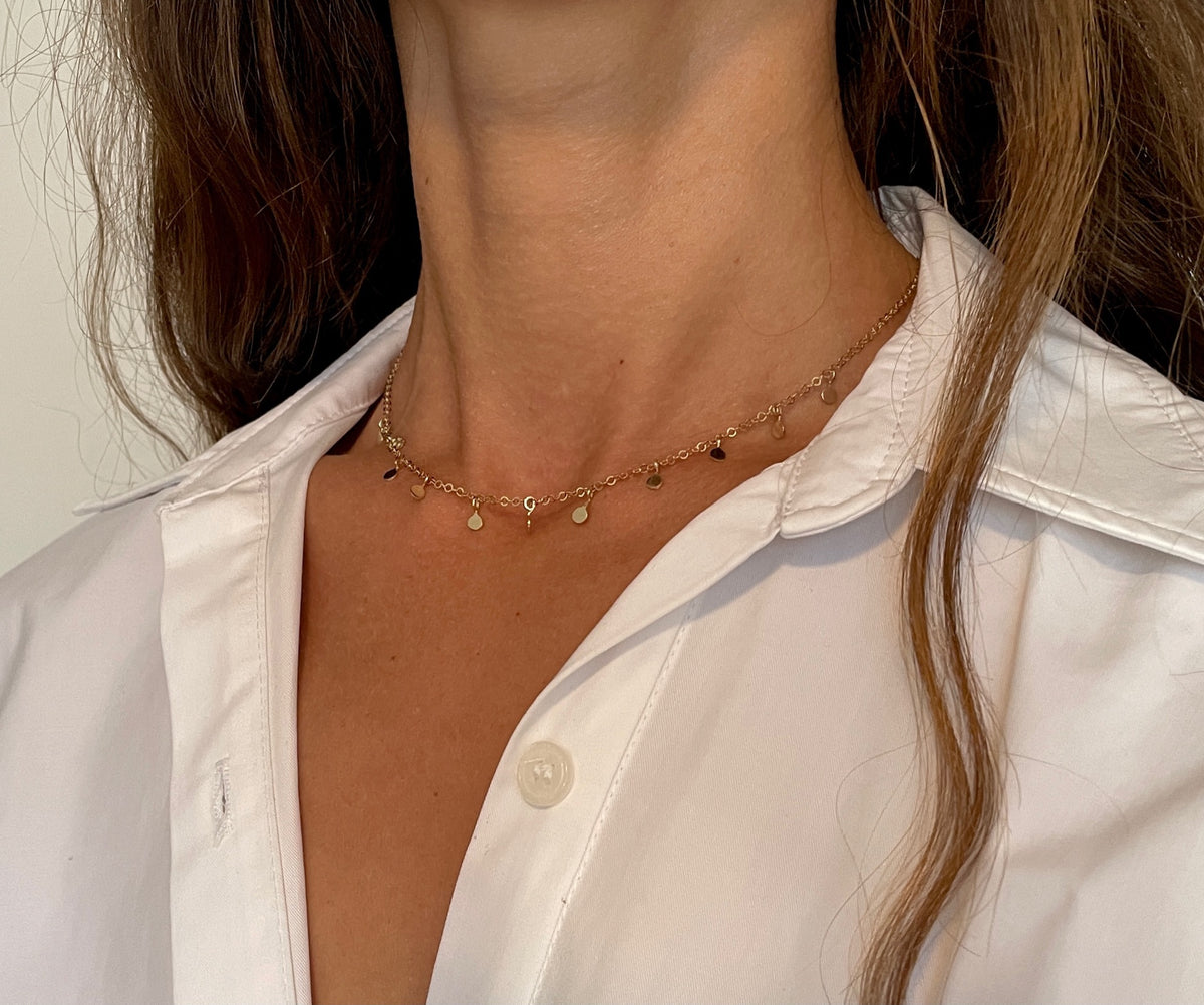 14K Yellow Gold Boho Dangle Disc Choker Necklace, 14-16" Adjustable