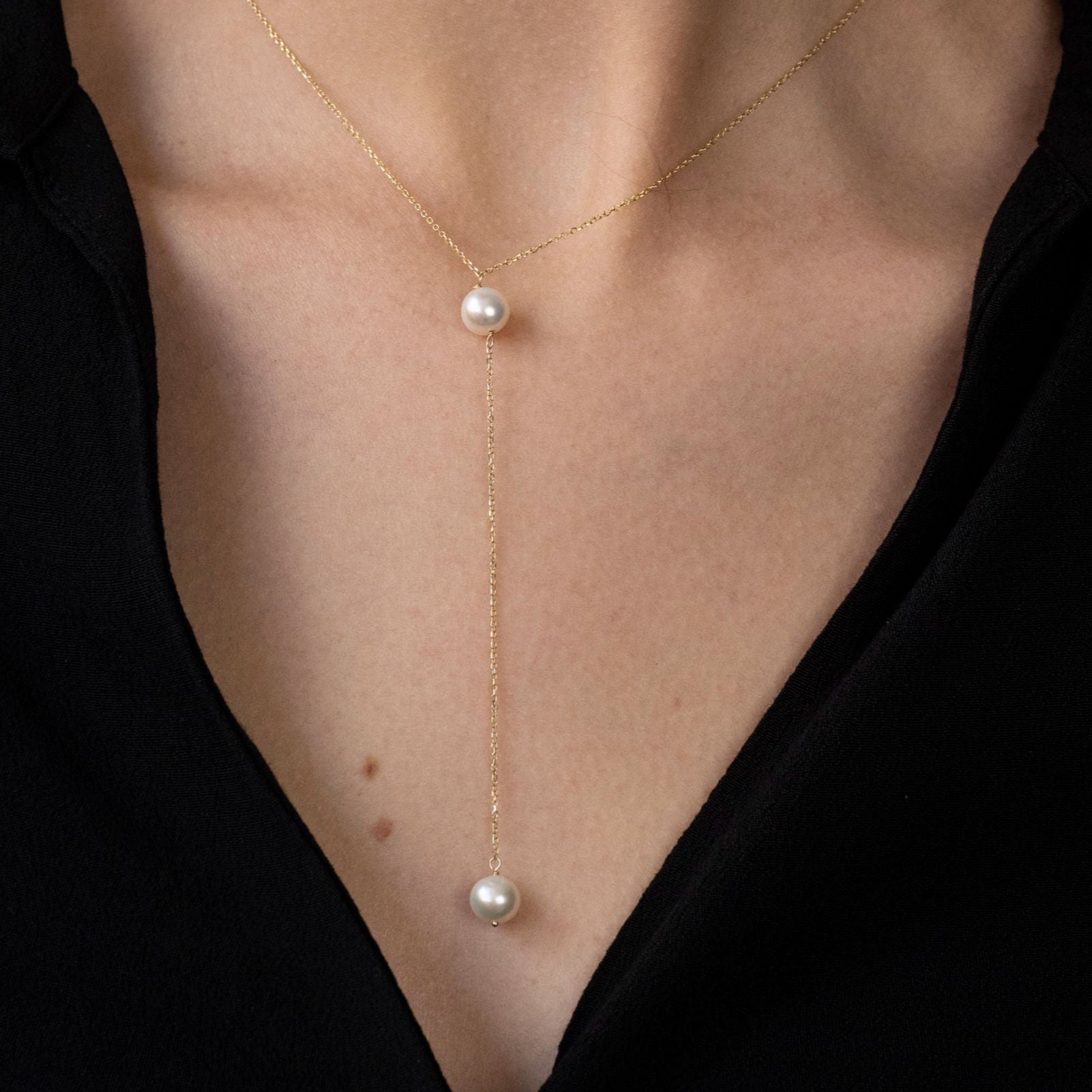 14K Gold Pearl Lariat Necklace