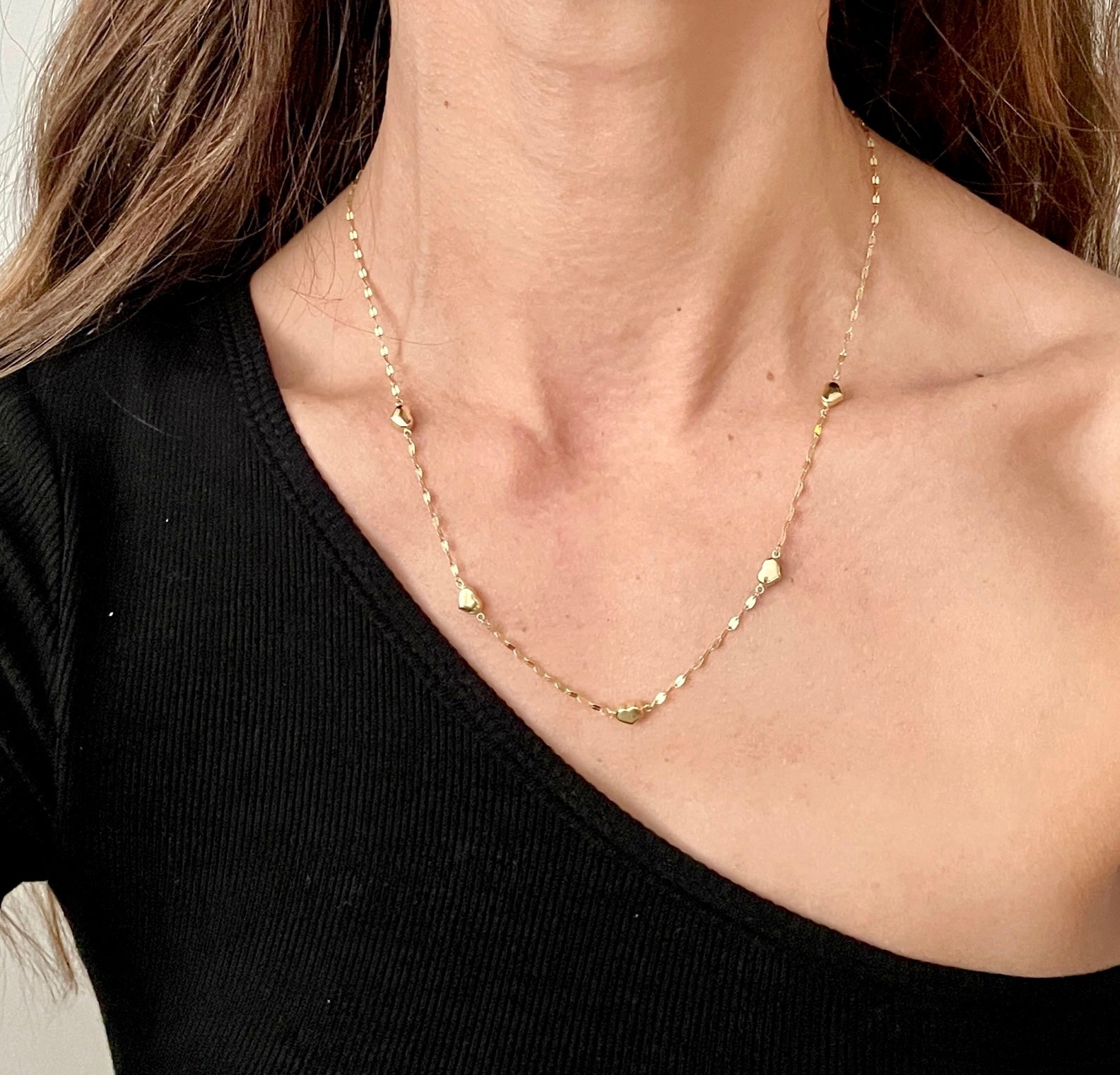14K Yellow Gold Dainty Puffed Heart Station Necklace, 18"