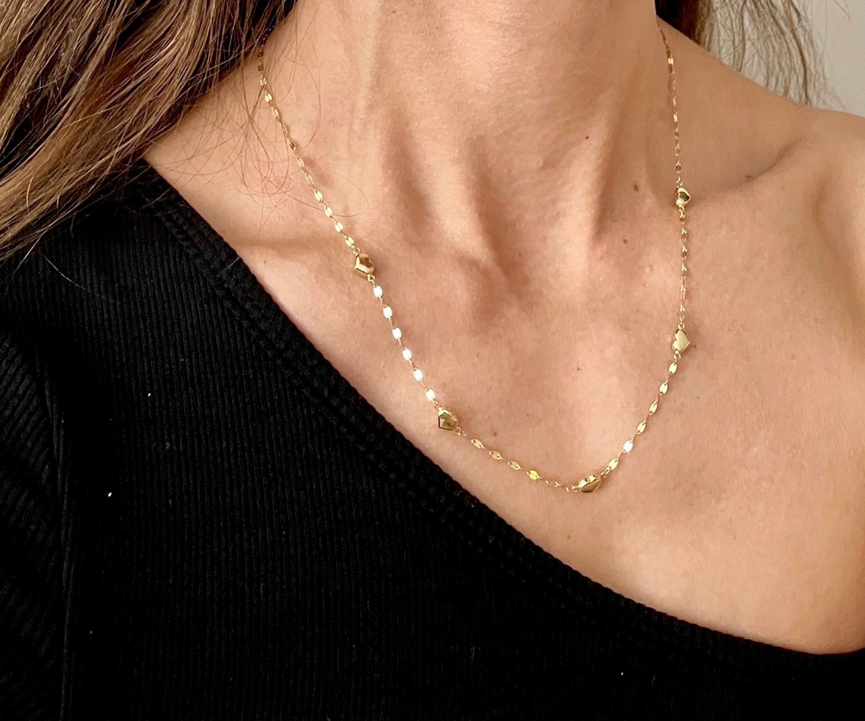 14K Yellow Gold Dainty Puffed Heart Station Necklace, 18"
