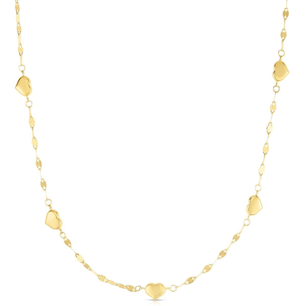 Polished puffed heart stations are evenly spaced along a delicate shimmering mirror link chain, creating a feminine design with subtle movement and sparkle. Measuring 18 inches long, this necklace is finished with a secure spring ring clasp. Each heart measures approximately 12.5 × 5mm, adding a delicate romantic touch without overwhelming the design. Beautiful worn on its own or layered with your favorite necklaces for a personalized look.