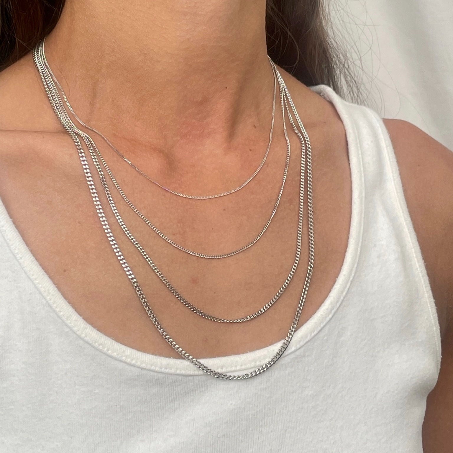 14K Solid White Gold Thin Curb Gourmette Necklace