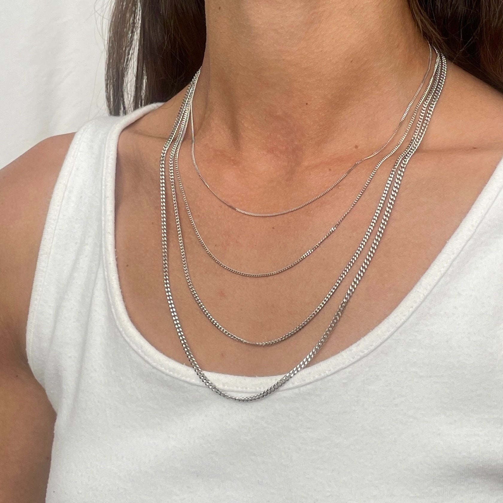 14K Solid White Gold Thin Curb Gourmette Necklace