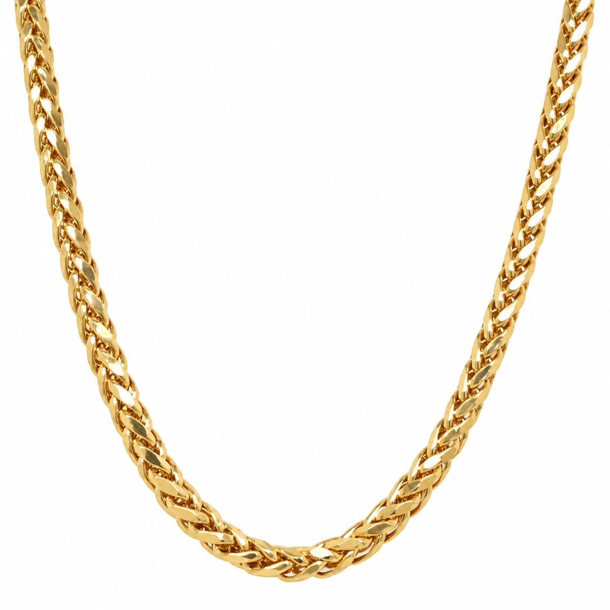 14K yellow gold round wheat chain necklace, diamond-cut finish, lobster clasp