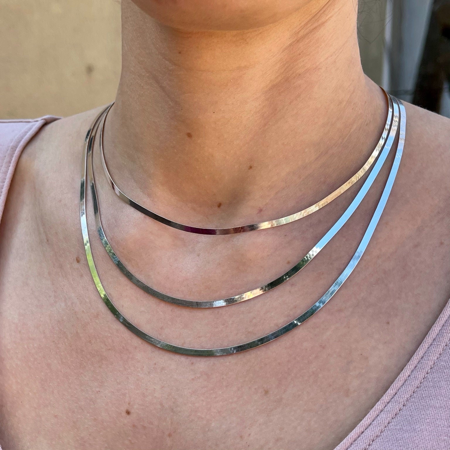 14k white gold herringbone necklace