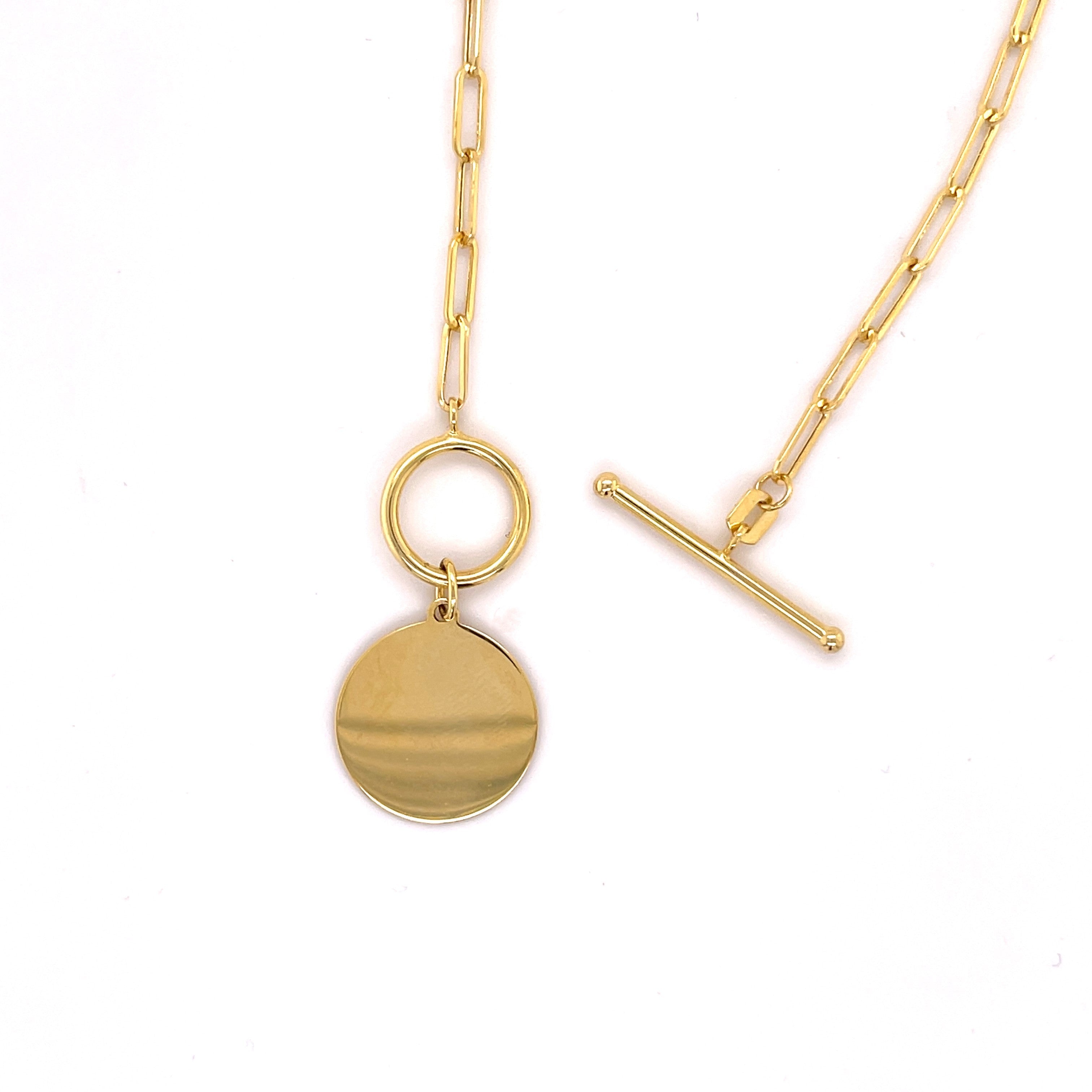 14K Paperclip Disc Toggle Necklace