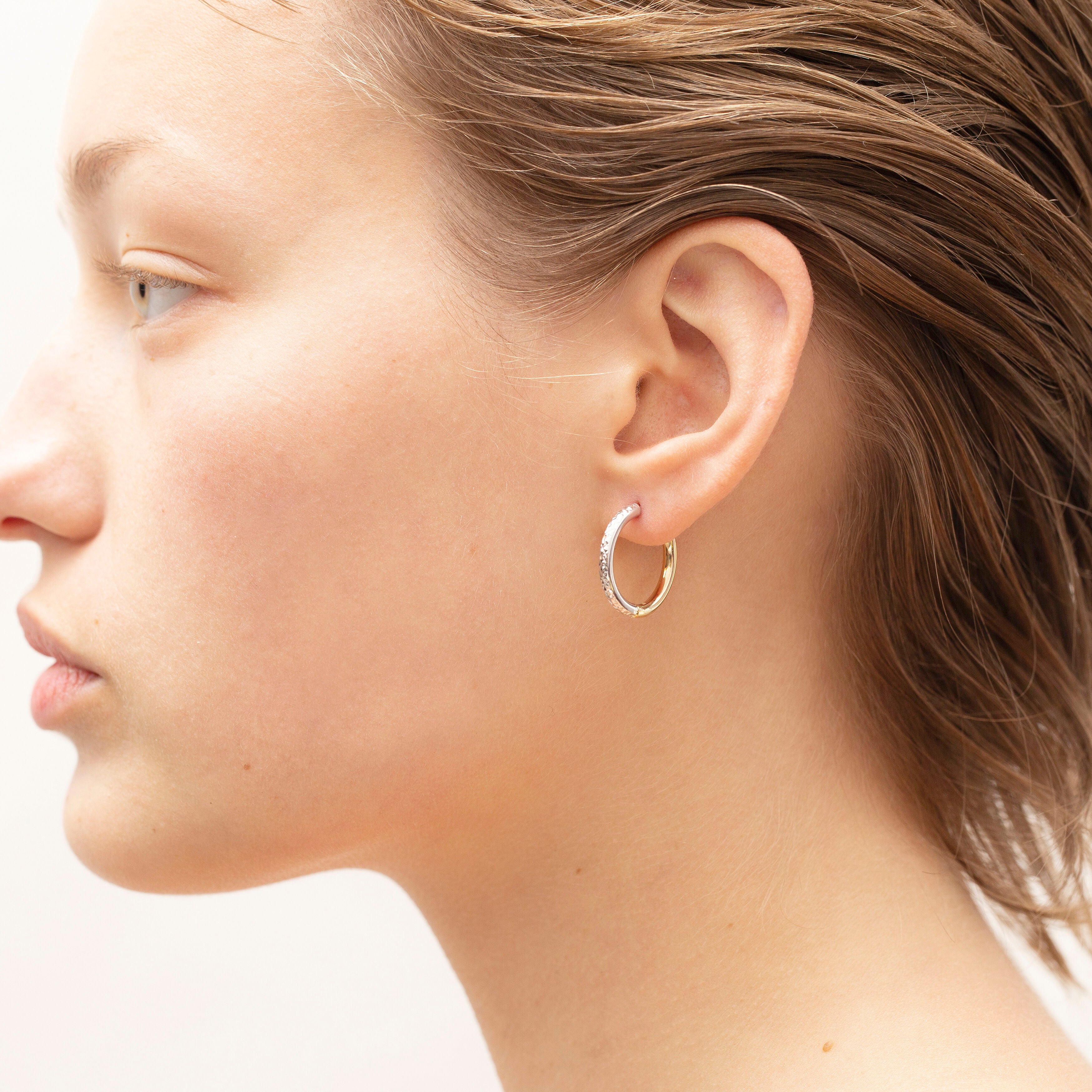14K Two-Tone Gold Diamond Cut Hoop Earrings – 15mm