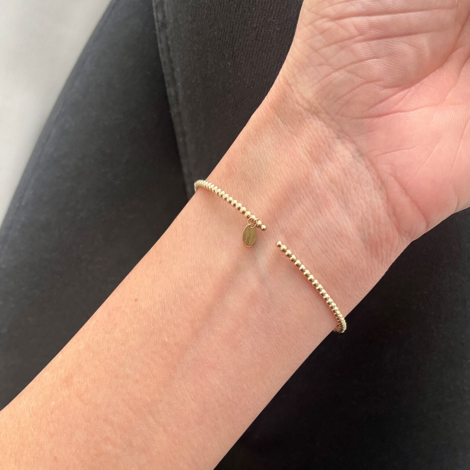 14K Solid Gold 2mm Beaded Cuff Bangle Bracelet – Dainty, Elegant, and Versatile Made In Italy