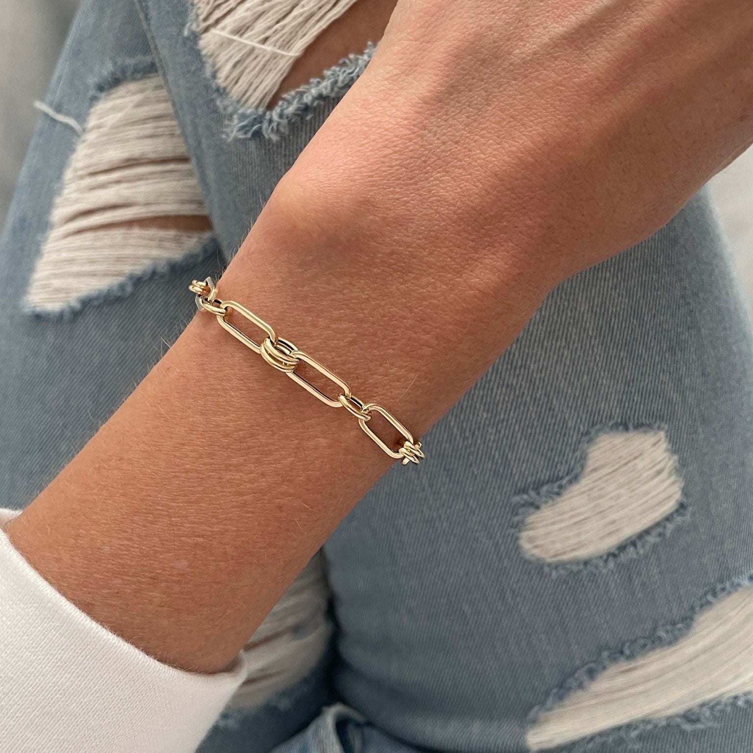 14K Gold Paperclip And Round Link Bracelet