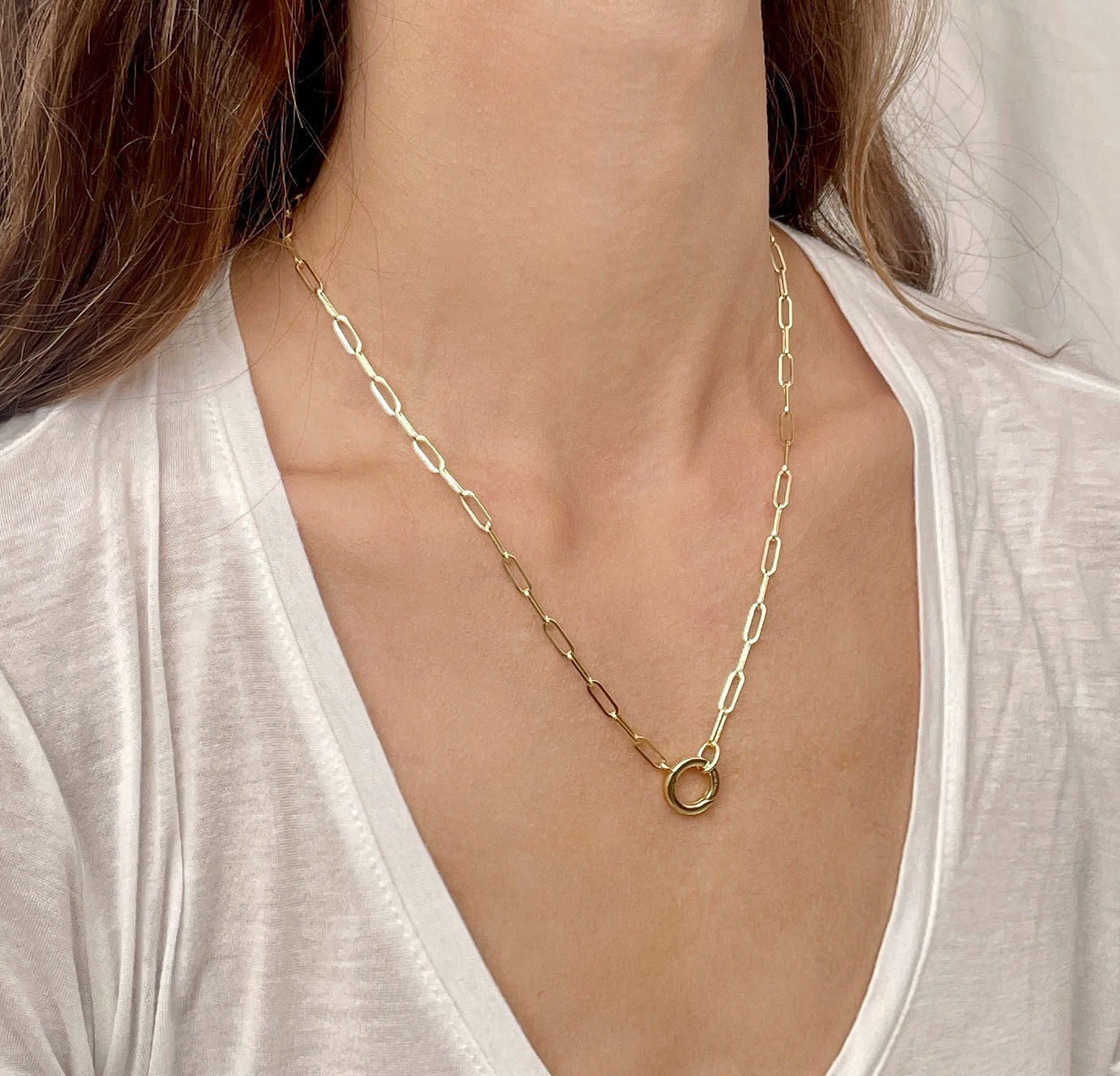 14k yellow gold charm holder paperclip necklace