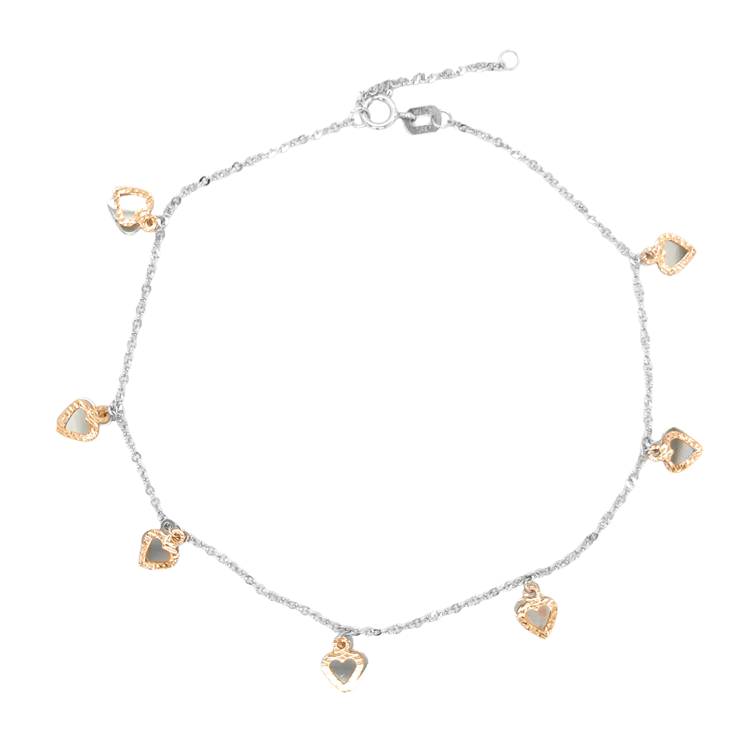 14K Two Tome Dangle Heart Anklet, White and Rose Gold, 10 Inch