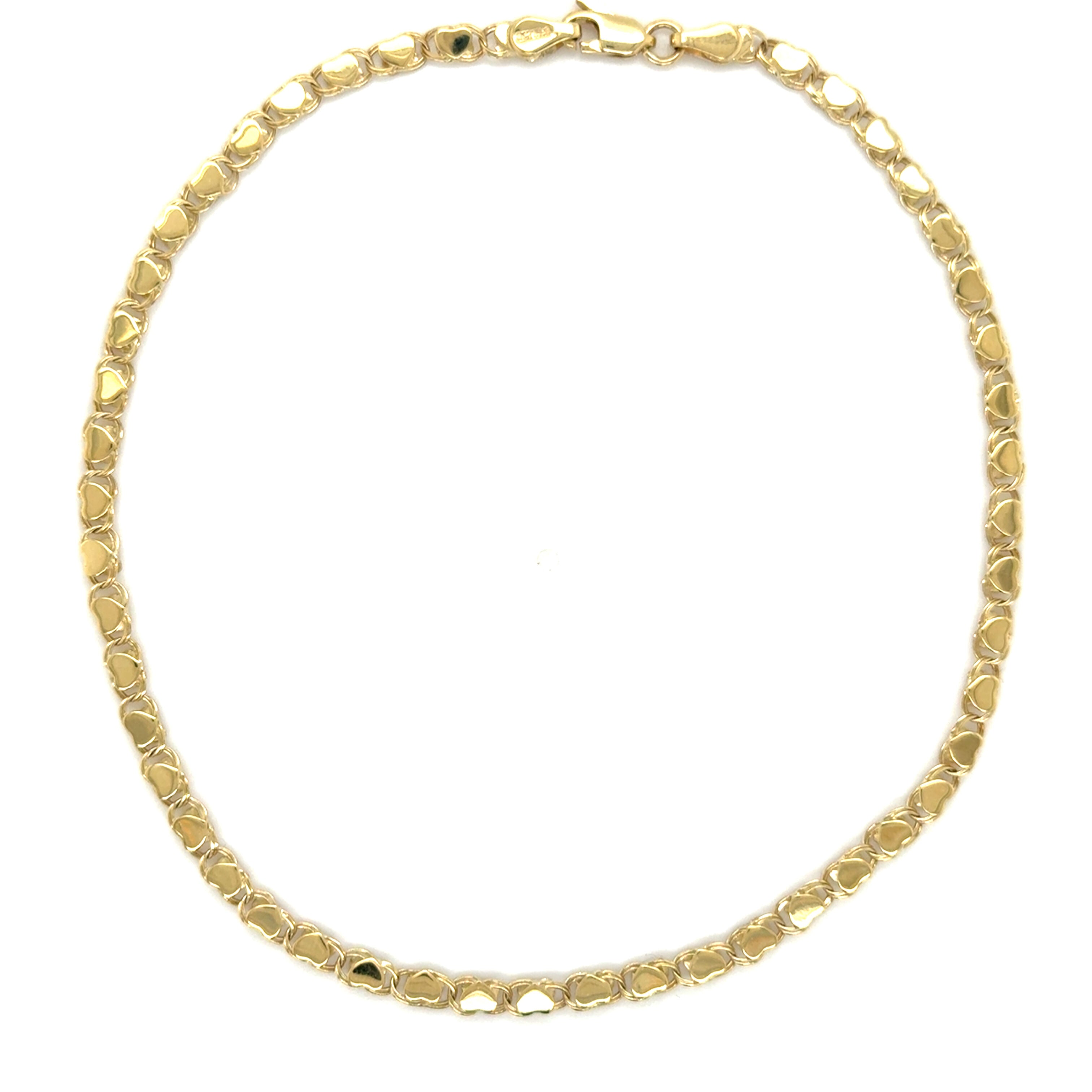 14K Gold Heart Link Anklet, Yellow or White Gold, 10 Inch, lobster clasp
