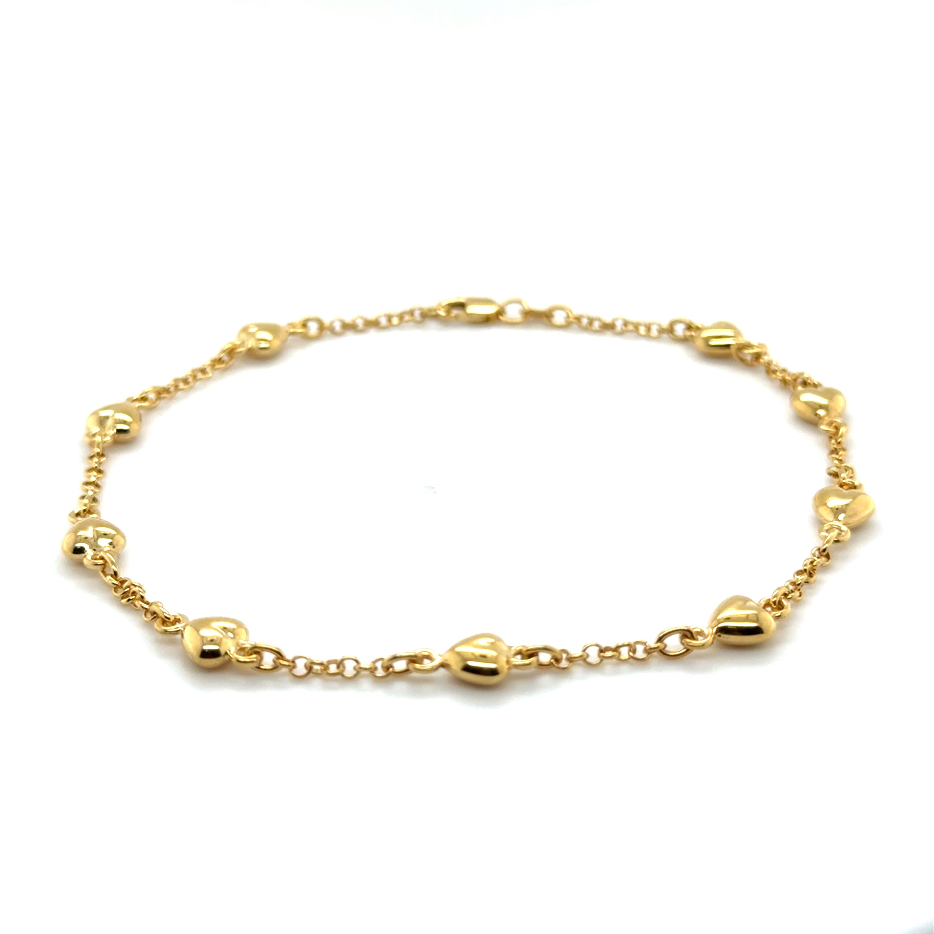 14K Yellow Gold Puffed Heart Station Anklet, 10"