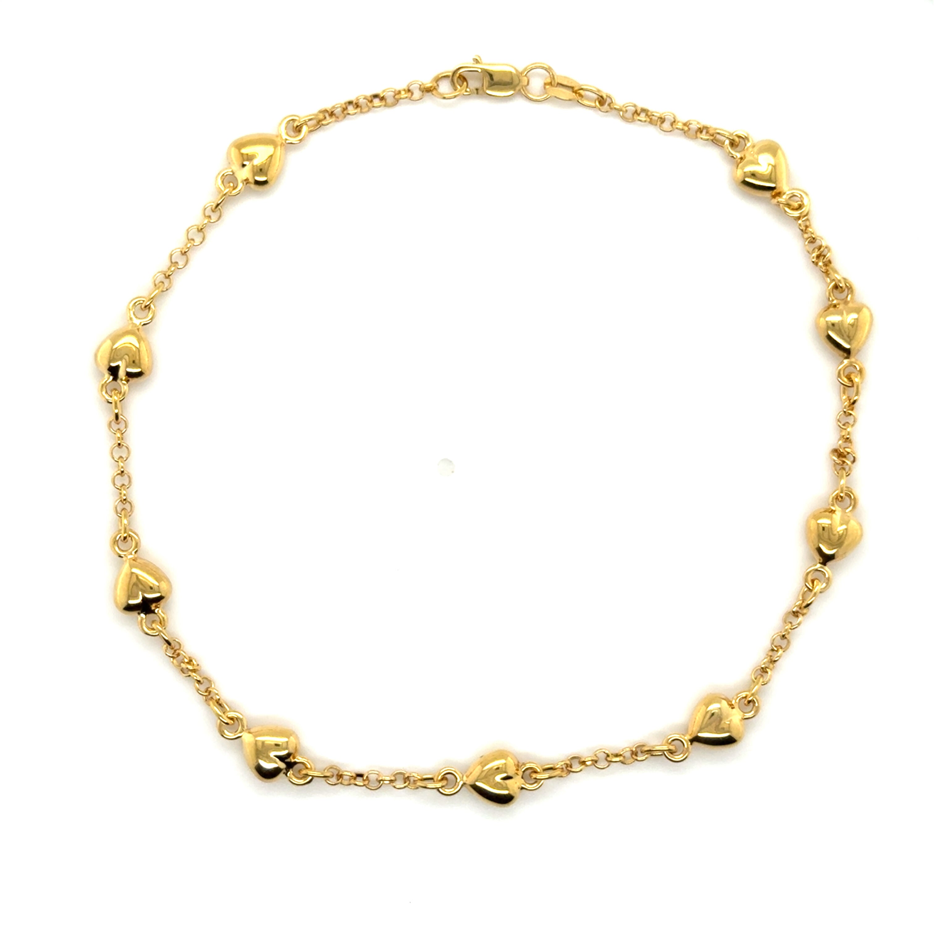 14K Yellow Gold Puffed Heart Station Anklet, 10"