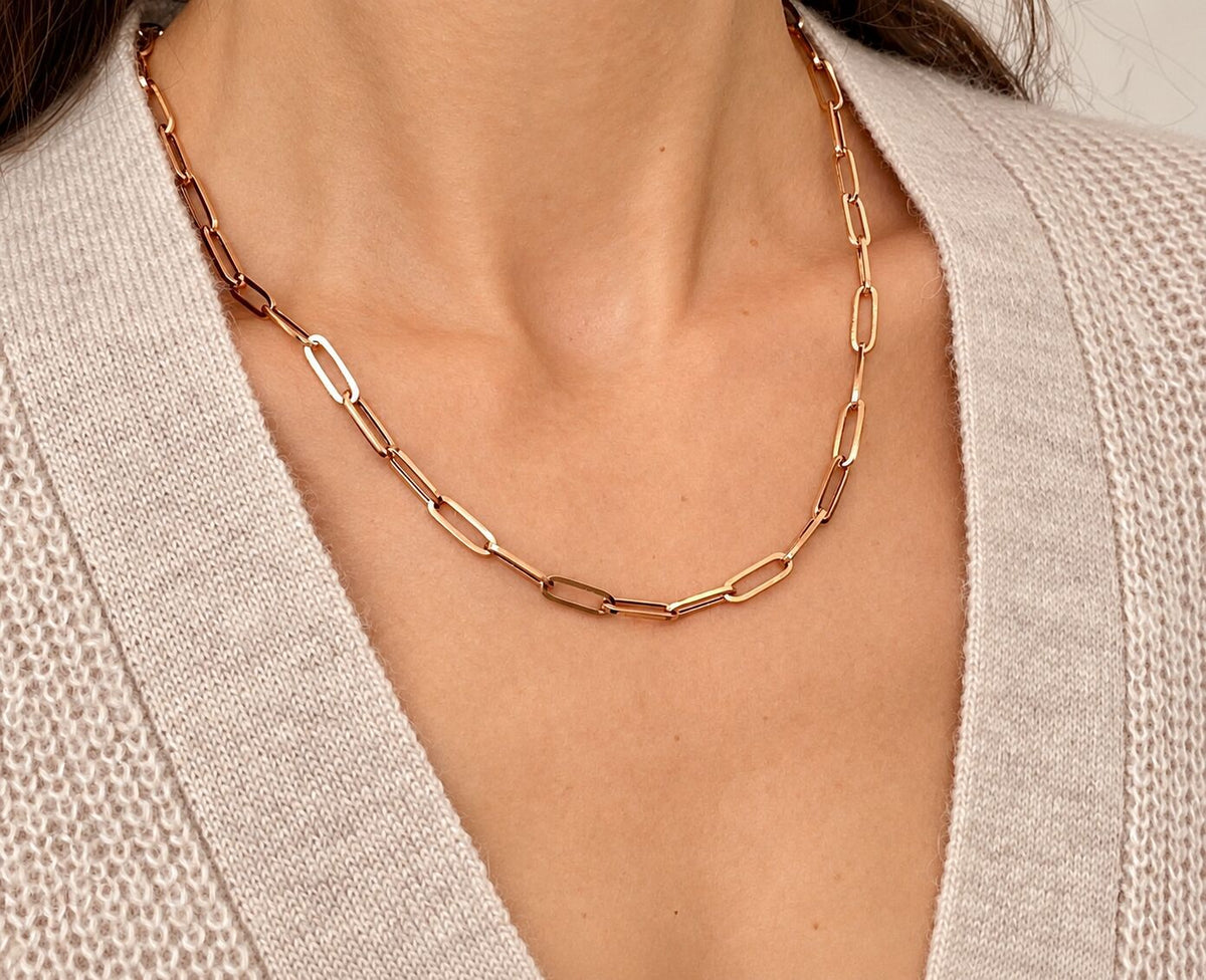 14K Rose Gold Paperclip Chain Necklace, 4.2mm, 18"