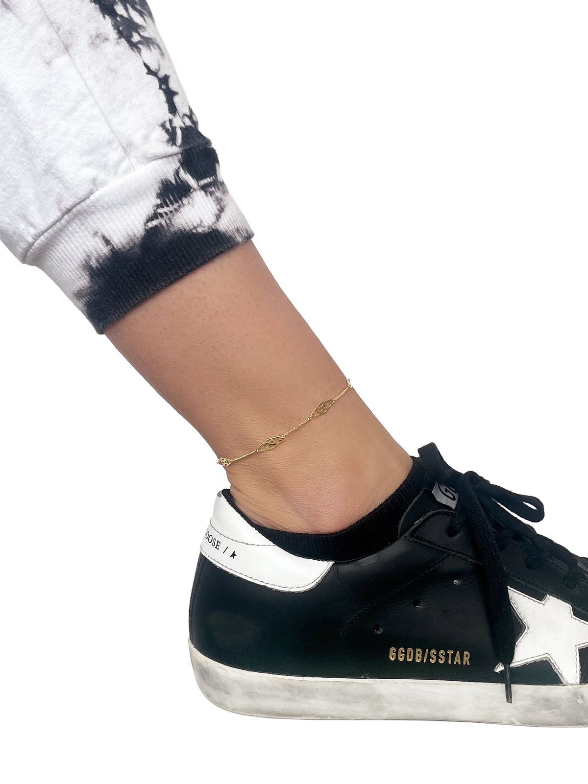 14K Yellow Gold Openwork Marquise Link Anklet,10"
