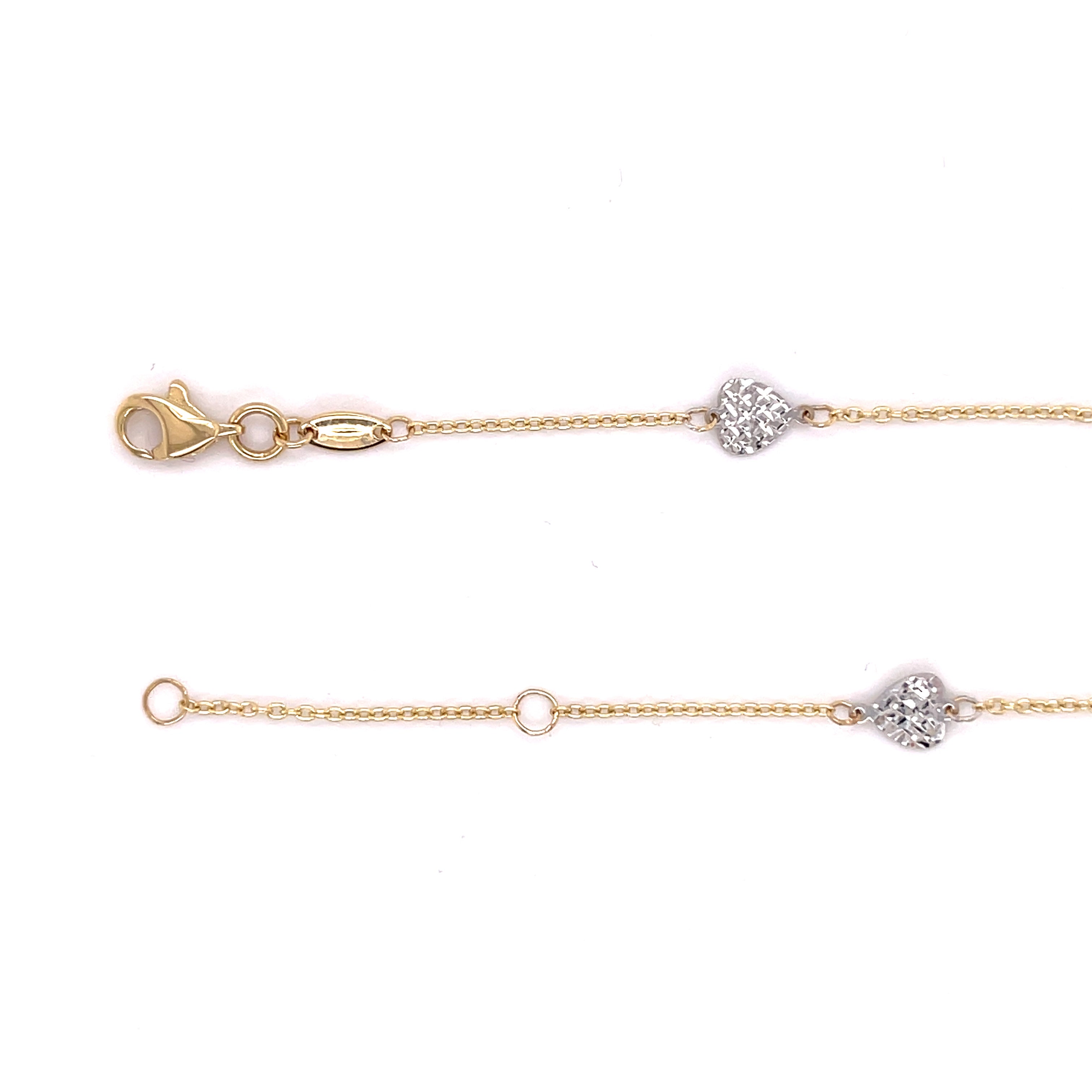 14K Two-Tone Gold Dainty Diamond-Cut Heart Station Anklet, Adjustable 9-10"
