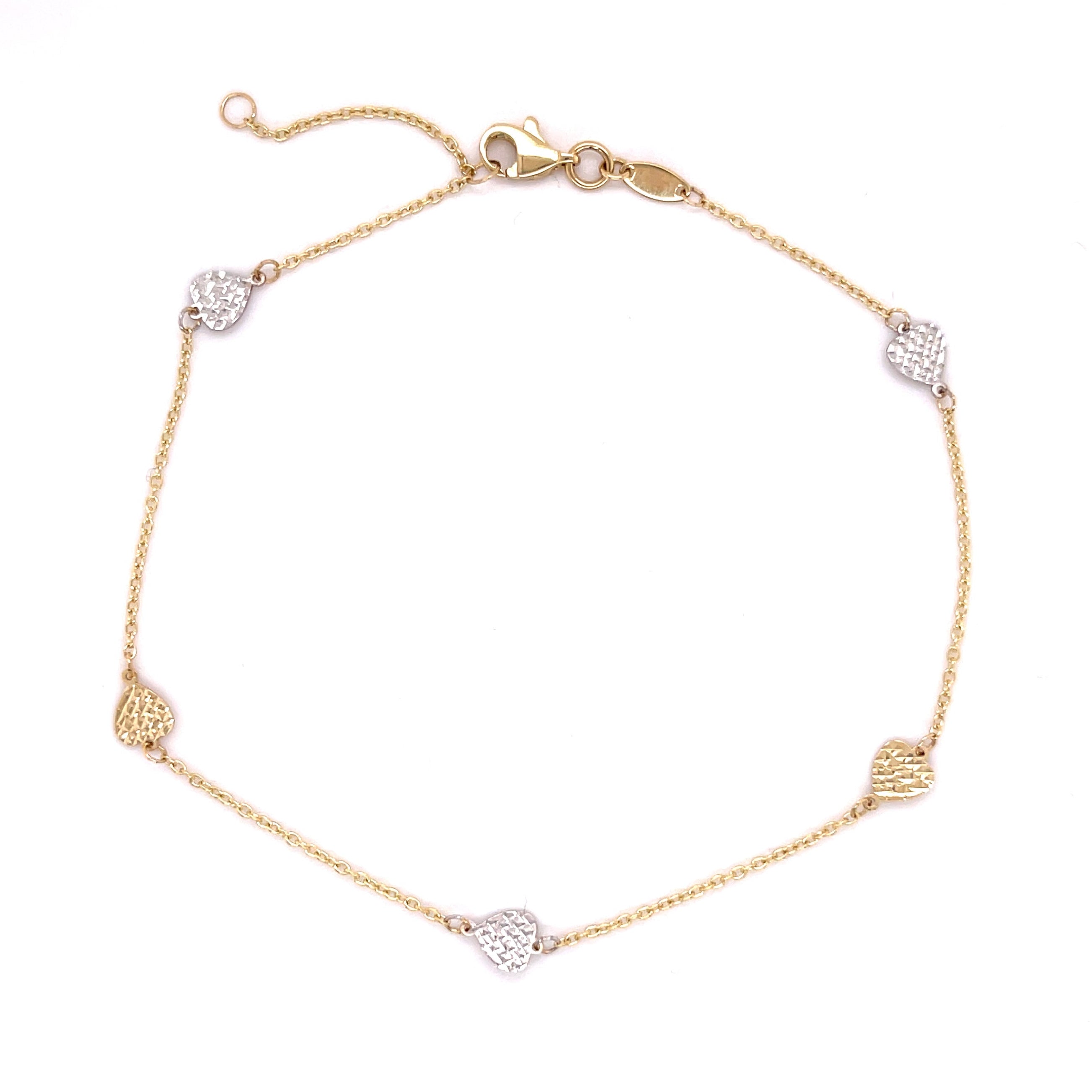 14K Two-Tone Gold Dainty Diamond-Cut Heart Station Anklet, Adjustable 9-10", lobster clasp