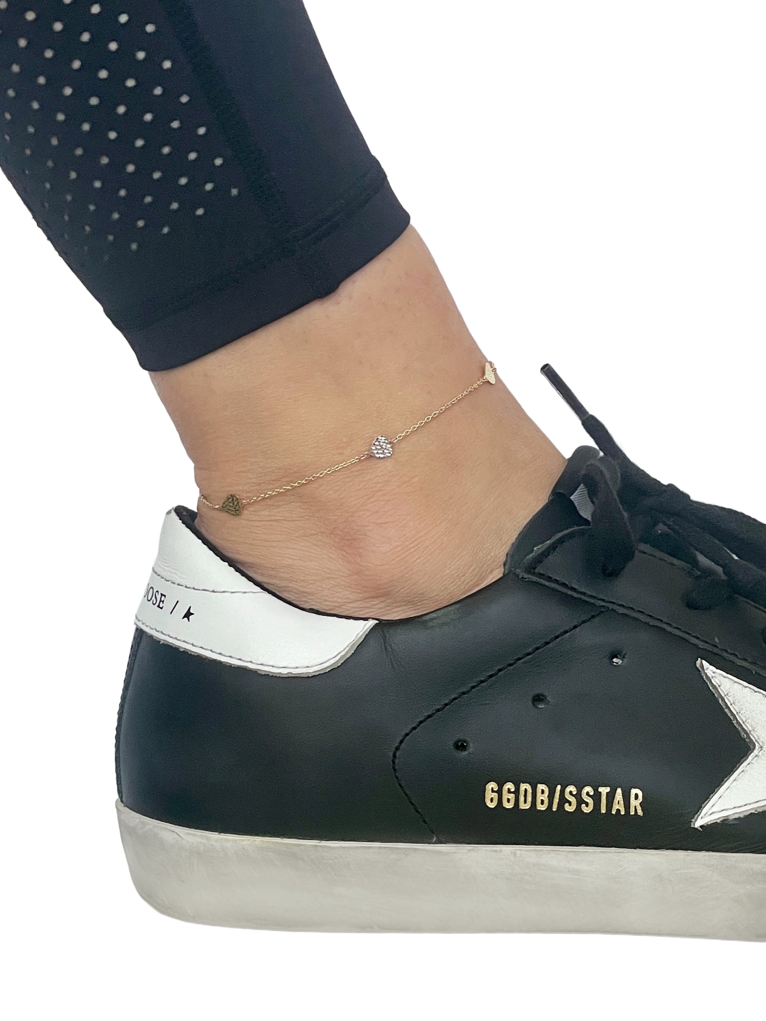 14K Two-Tone Gold Dainty Diamond-Cut Heart Station Anklet, Adjustable 9-10"