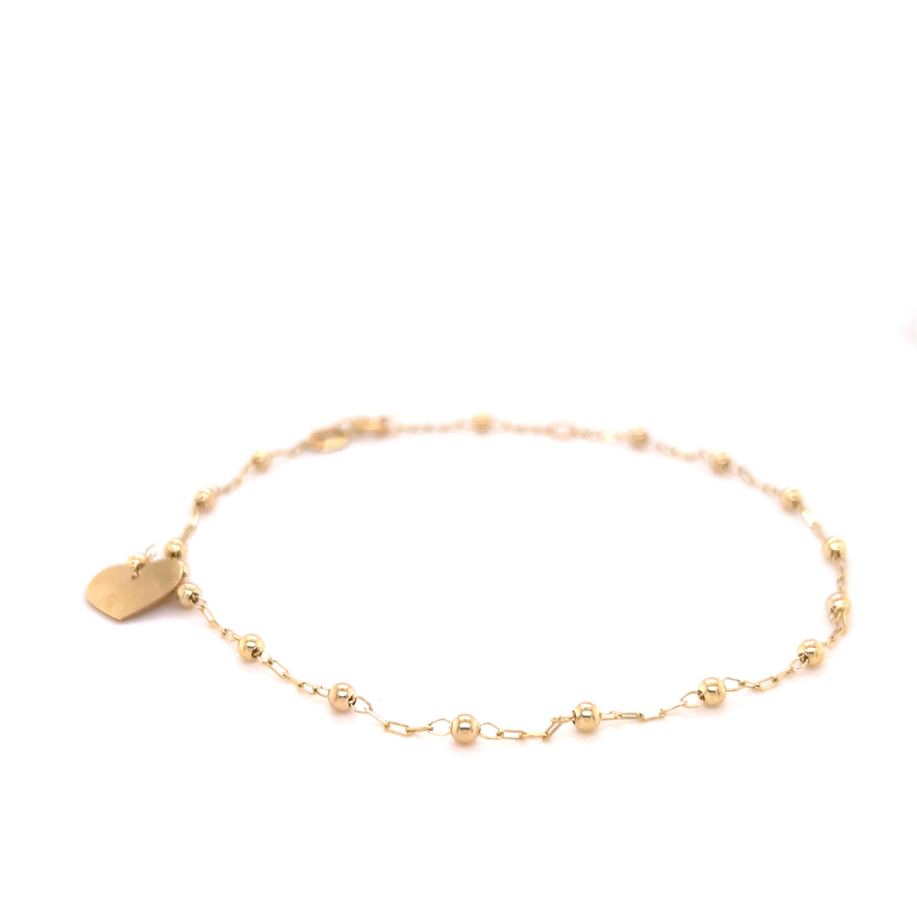 14K Yellow Gold Heart Tag Bead Station Anklet, Adjustable 9–10"