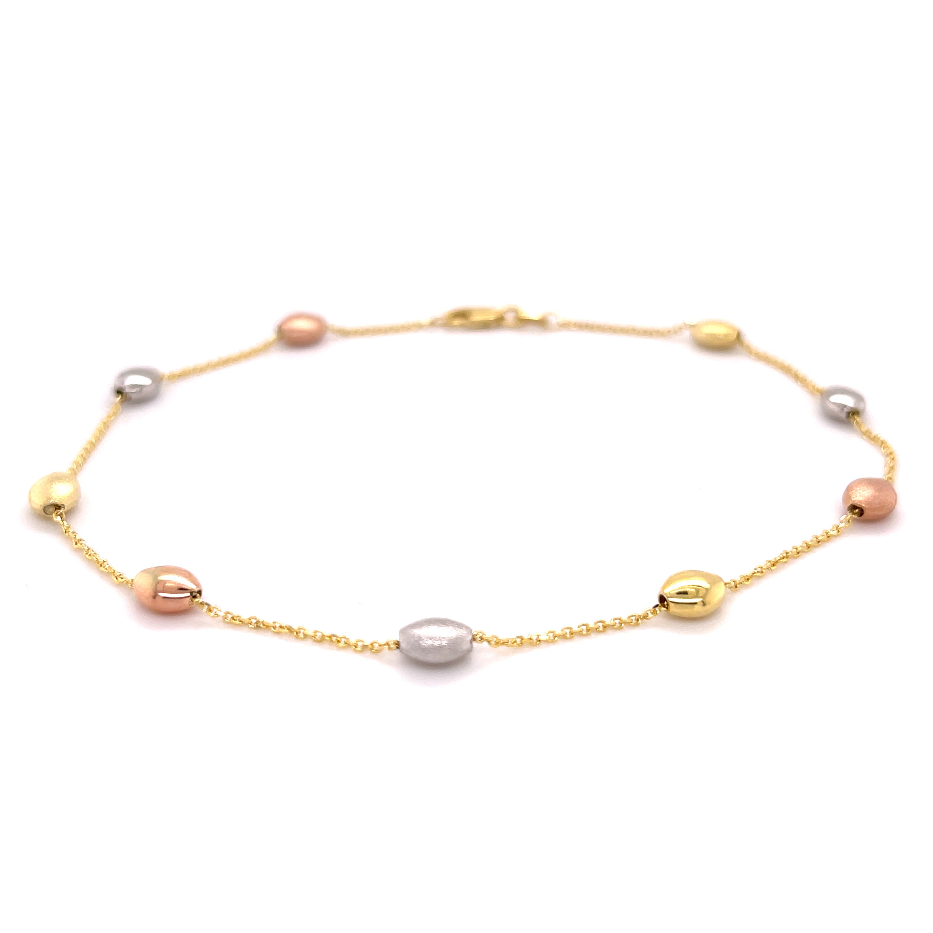 14K Tricolor Gold Pebble Station Anklet, Satin & Polished Beads, 10"