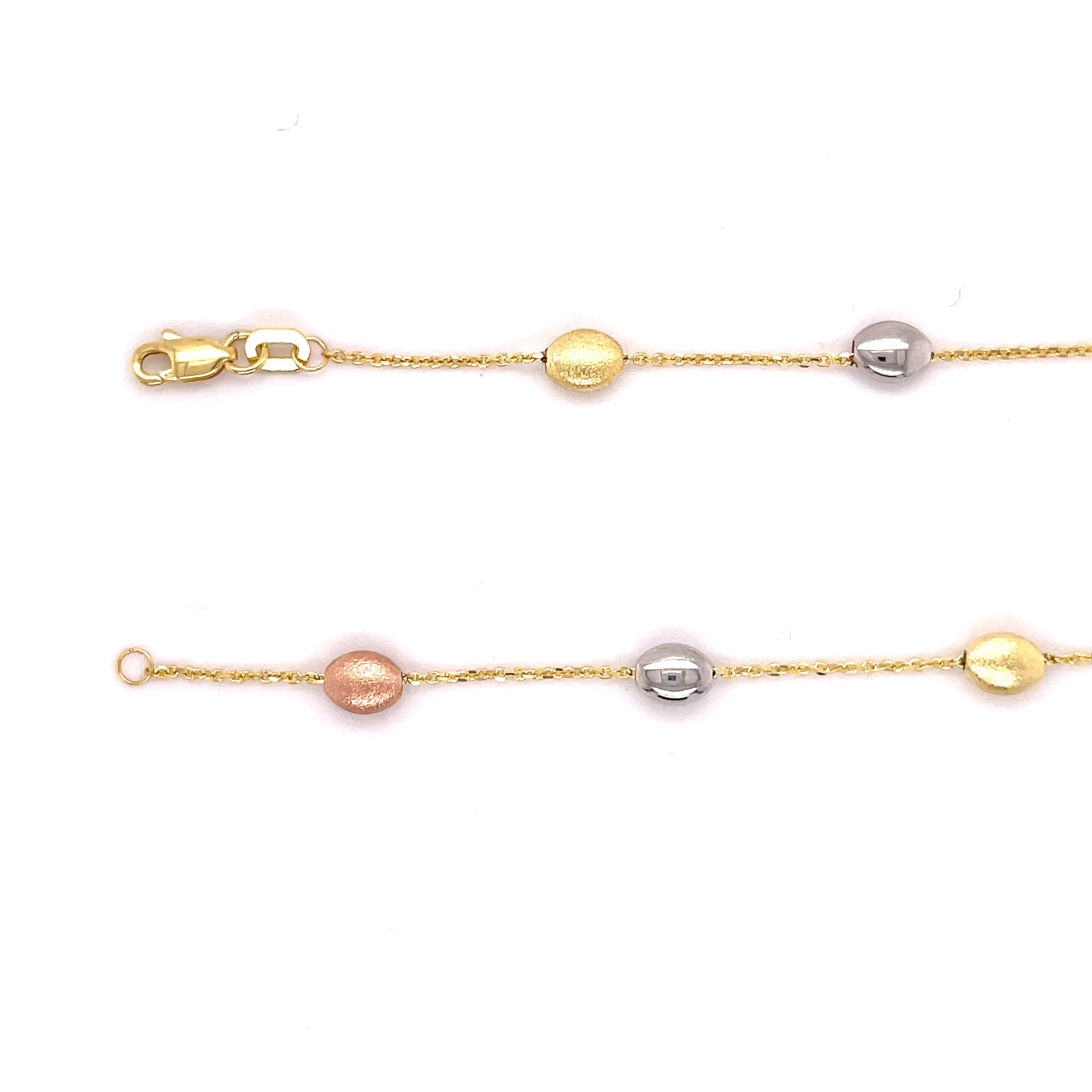 14K Tricolor Gold Pebble Station Anklet, Satin & Polished Beads, 10"