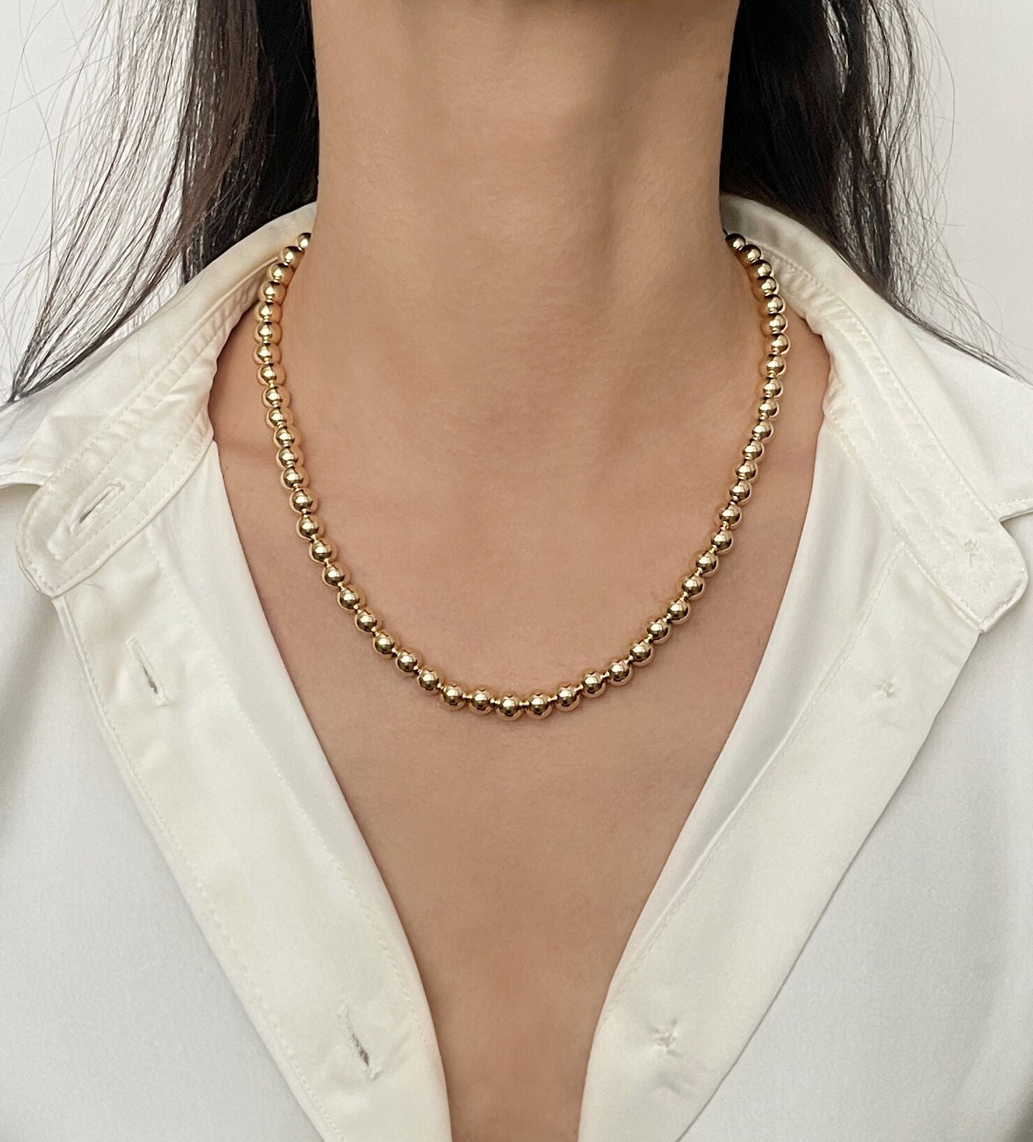 14K Gold Chunky Ball Bead Necklace: 7mm or 8mm Thick