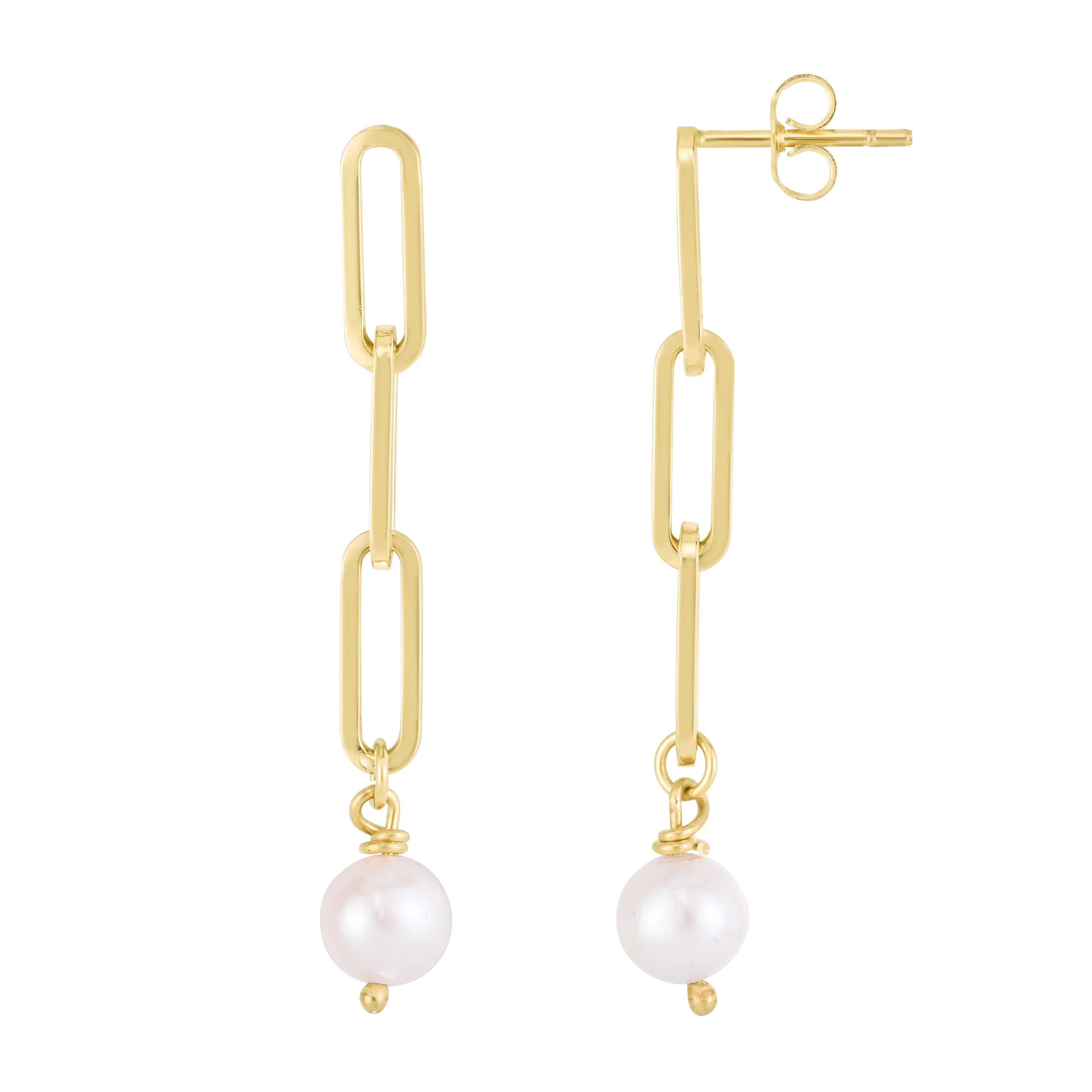 14K Gold And Pearl Paperclip Drop Earrings