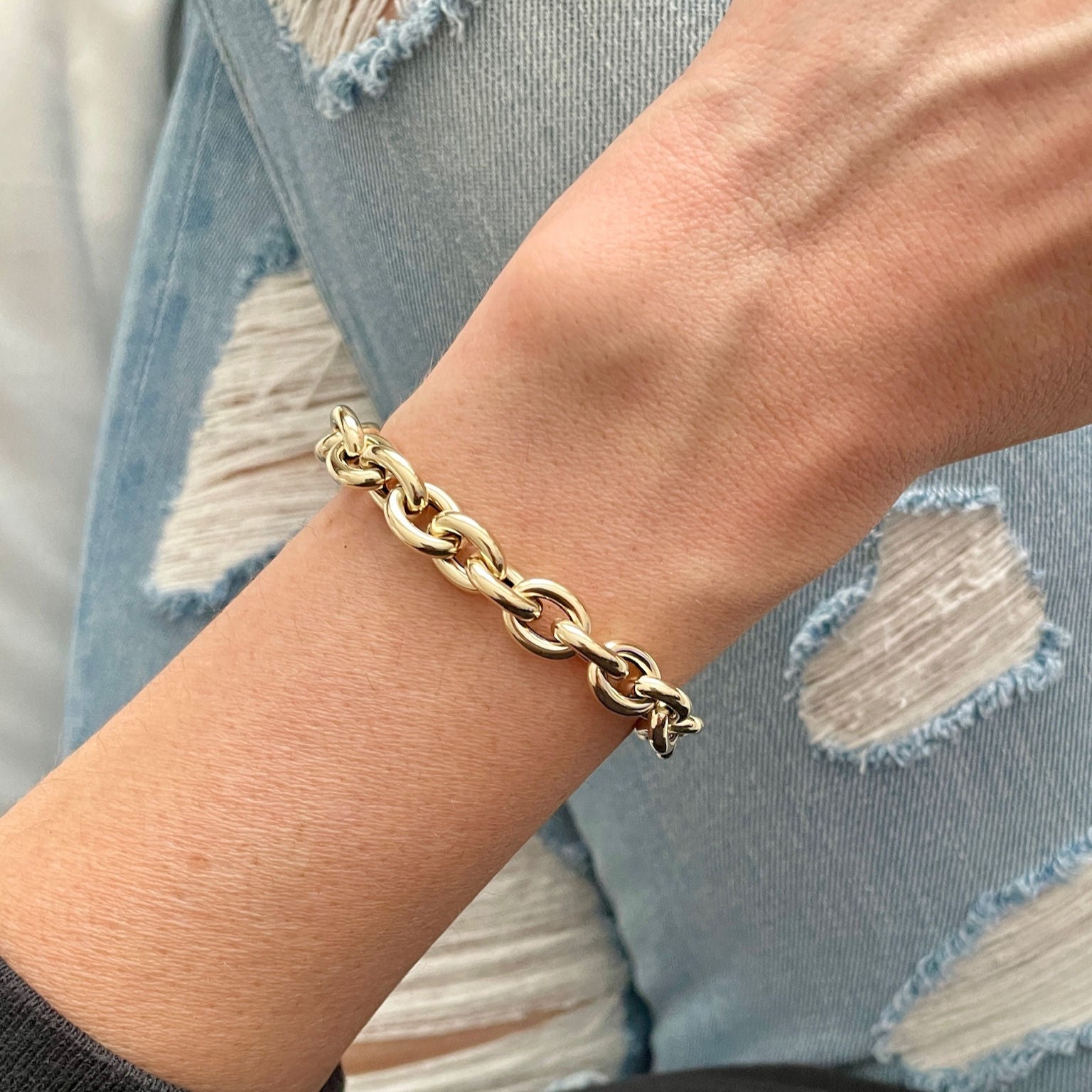 14K YELLOW GOLD THICK ROLO LINK BRACELET