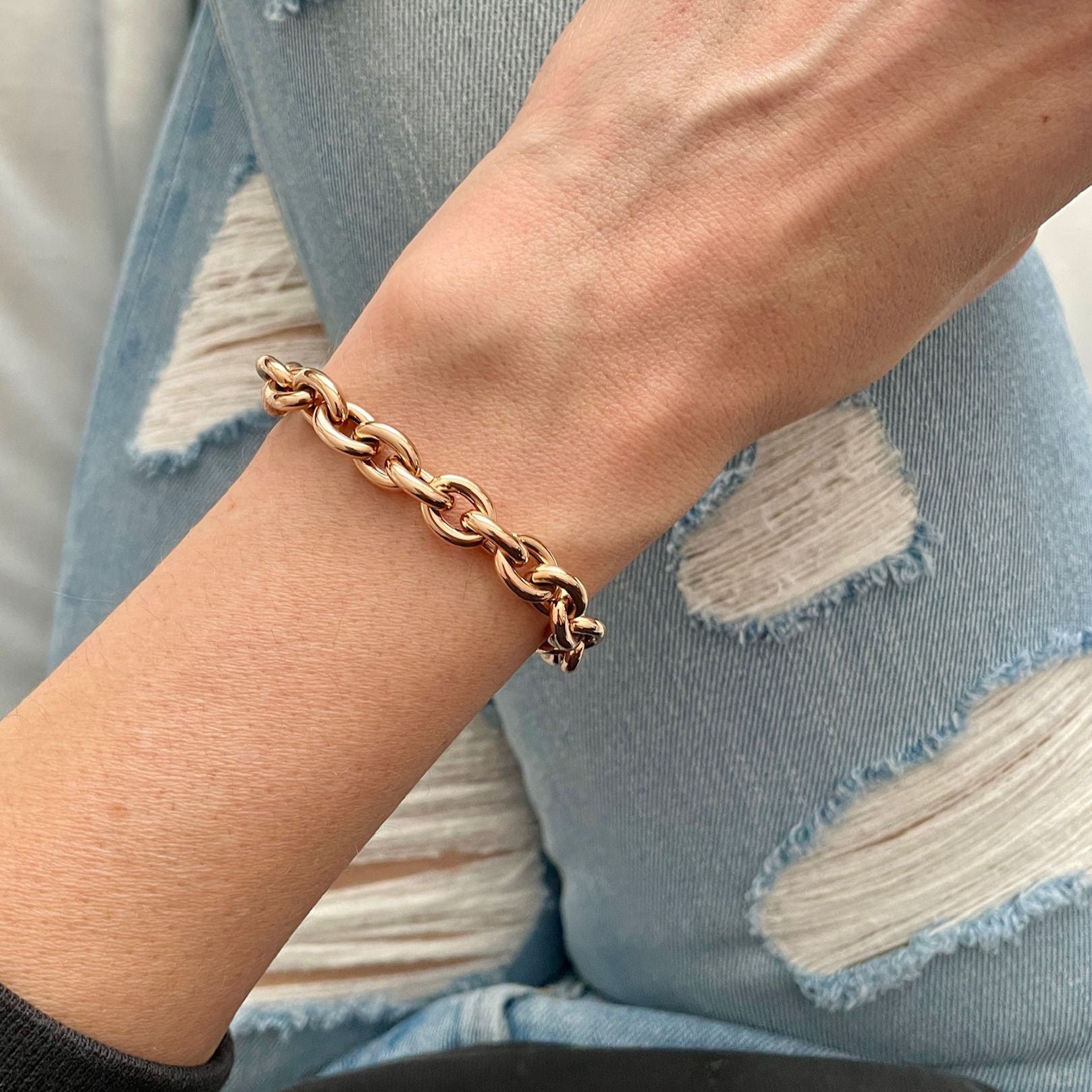 14K ROSE GOLD THICK ROLO LINK CHAIN BRACELET